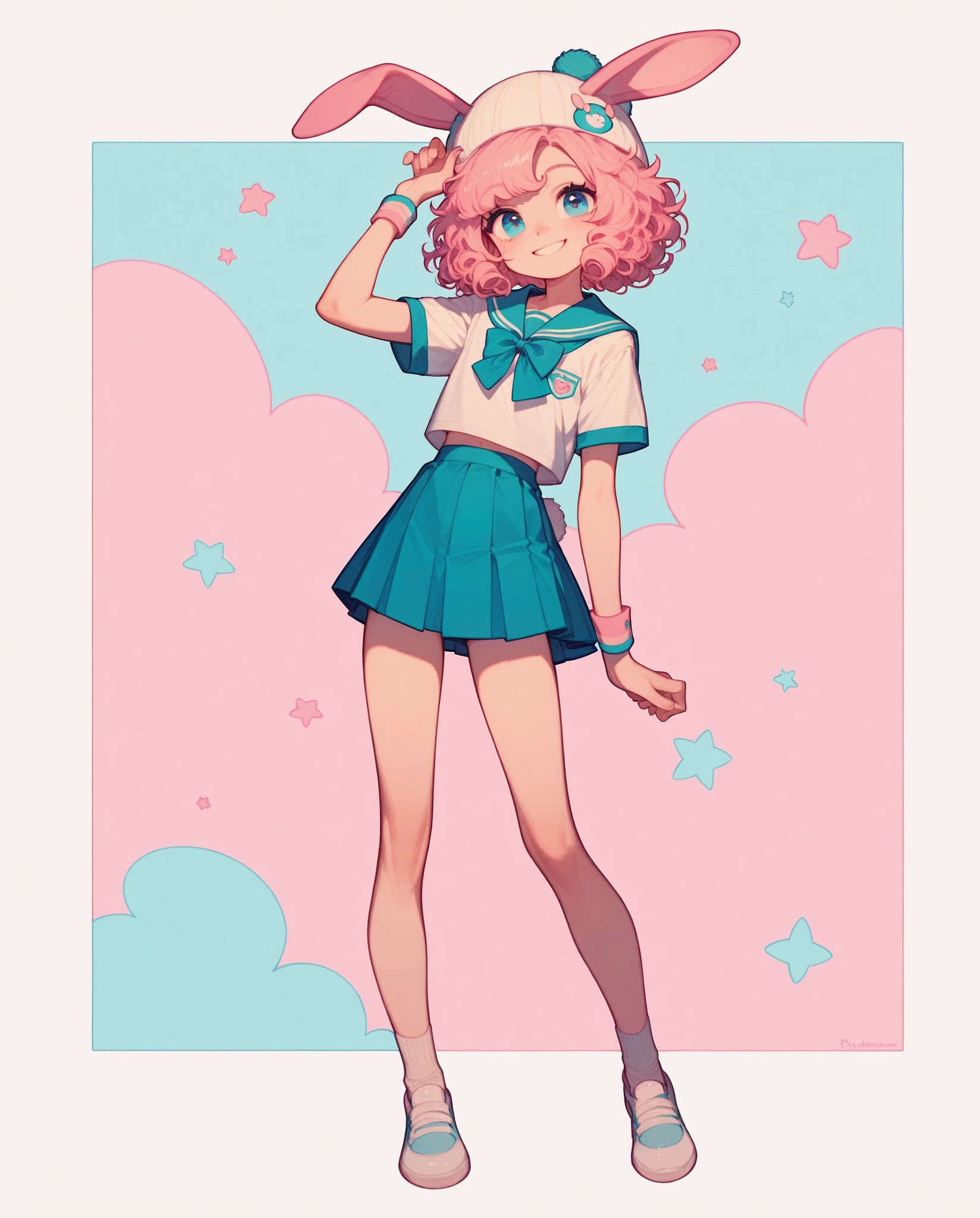 boy, teenager, solo, full body, high quality, pink hair, short hair, curly hair, blue eyes, pastel color, school uniform, smile face, rabbit ears hat, 