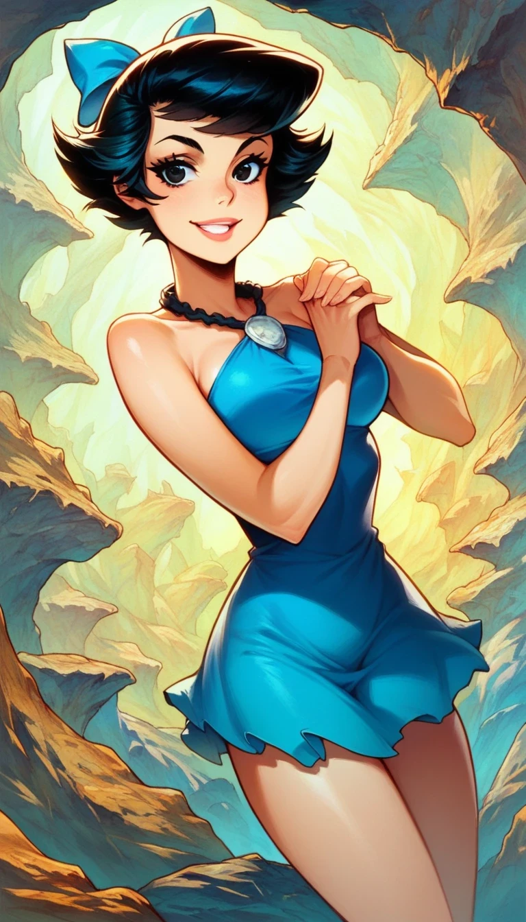 score_9, score_8_up, score_7_up, 1girl, dynamic pose, cowboy shot, looking at viewer, detailed background, smile, own hands together, light smile, cavern, vegetation, blue walls, dutch angle, 
 BettyXLP, short hair, hair bow, black hair, black eyes, blue short dress, bare legs, makeup, cartoon,  