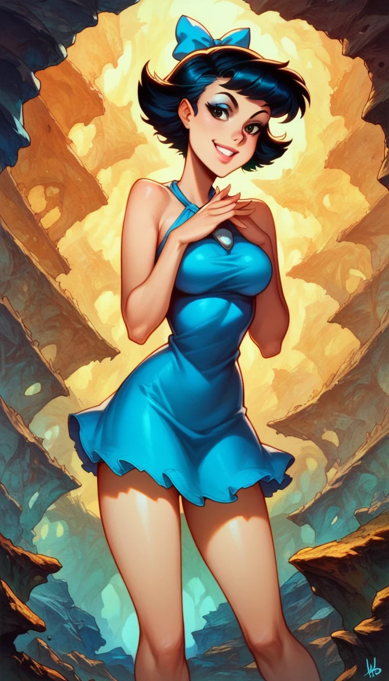 score_9, score_8_up, score_7_up, 1girl, dynamic pose, cowboy shot, looking at viewer, detailed background, smile, own hands together, light smile, cavern, vegetation, blue walls, dutch angle, 
 BettyXLP, short hair, hair bow, black hair, black eyes, blue short dress, bare legs, makeup, cartoon,  