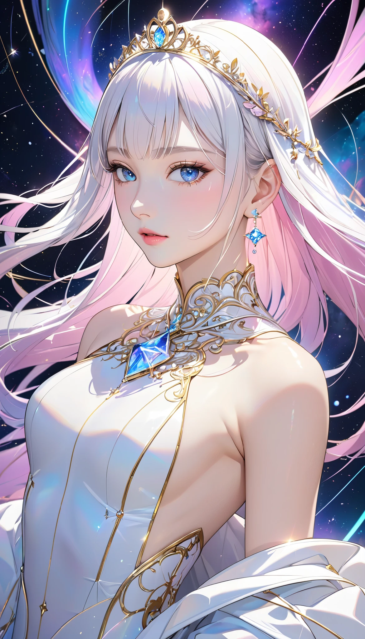 (masterpiece,  top quality, beautifully refined :1.2, 8k,  high image quality), The most beautiful form of a goddess, Open the top slightly,  Beautiful Slender Blue Eyes ,  small pink lips , Brilliant Beautiful Face ,  Anatomically Beautiful Body ,  accurate drawing of hands , small platinum tiara,  earrings, Jewelry,  shiny skin,  high definition , (White coat gold lines:1.2), Milky Way, nebula, Celestial Bodies,  shooting stars, Streaks of light,  bright color,  pastel colors,  backgrounds, 