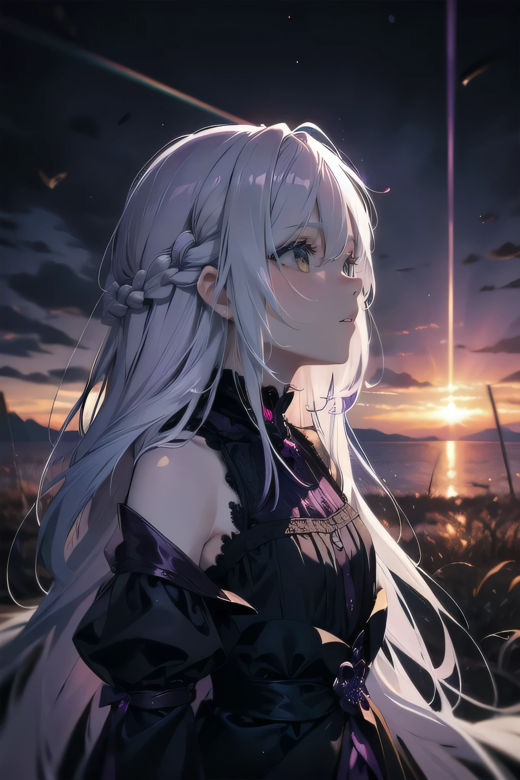 (masterpiece), (best quality), ultra detailed, finely detailed color, cenematic painting, bishoujo, ((one lady)), ager, cute face, ((white hair)), absurdly long hair, straight hair, ((dark violet eyes:1.5)), gothic dress, black dress, sleeveless, ((sunset)), ((looking up the sky)), ((sky background)), standing, faint smile, outdoor, reed field, slender body, small chest, profile