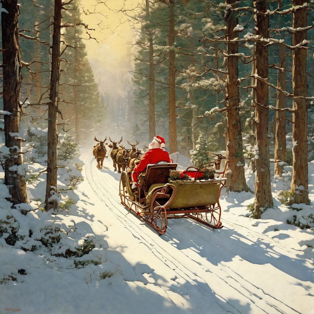 High-quality detailed painting by Norman Rockwell, HD, Santa Claus riding a sleigh pulled by a sleigh through a snowy forest path, with cinematic lighting,masterpiece