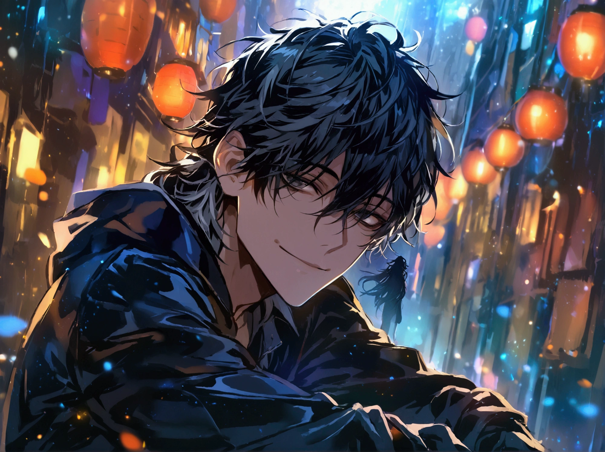 (solo), (1 male), (1 man), (chibi),handsome men, (one man with black hair with gray inner hair color, black eyes), long hair, messy hair,smile,((masterpiece)), (dark background: 1.3), (stylish), dynamic angle, (detailed face, detailed eyes, proportional hands, proportional anatomy), sitting in a relaxed pose, sinister atmosphere,young, a nihilistic smile