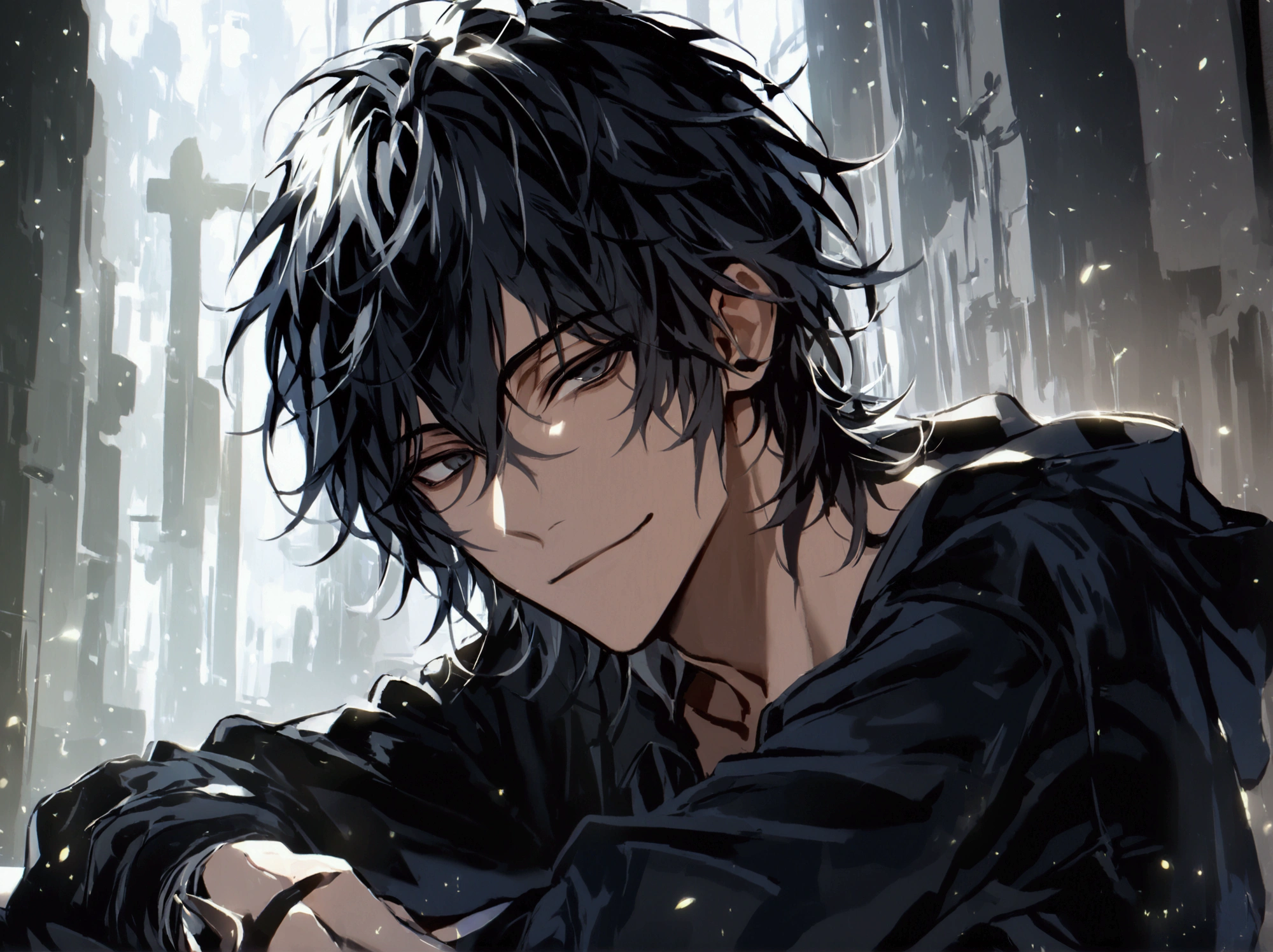 (solo), (1 male), (1 man), (chibi),handsome men, (one man with black hair with gray inner hair color, black eyes), long hair, messy hair,smile,((masterpiece)), (dark background: 1.3), (stylish), dynamic angle, (detailed face, detailed eyes, proportional hands, proportional anatomy), sitting in a relaxed pose, sinister atmosphere,young, a nihilistic smile