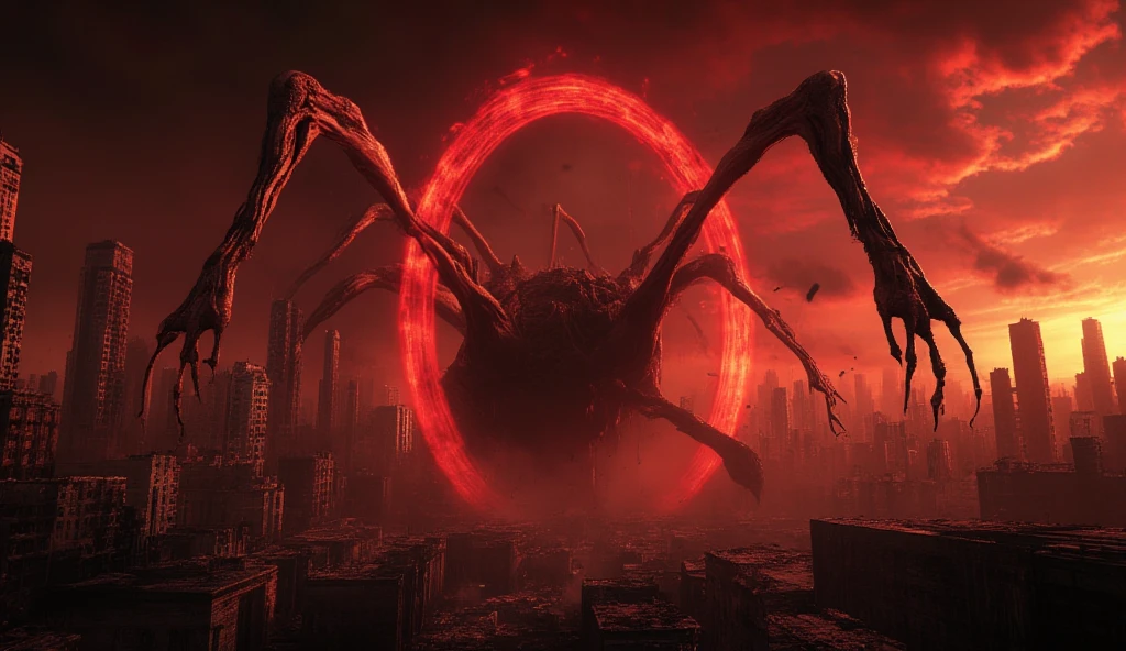 Two giant bone arms come out of a huge red portal in the sky. A crimson portal in the form of a circle above the city of skyscrapers. The hands are black. Crows are flying in the sky. A crimson sunset, scarlet clouds in a black sky. A bonfire is burning. the ruins of the city. The Gate to Hell