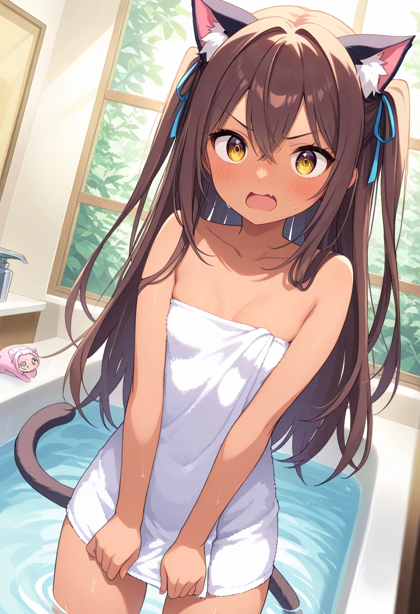  top quality、 anime painting、One girl、 very small breasts、Slim body、 cat ears and tail 、Big round eyes、 brown hair 、 long hair on background、brown skin、Cute single tusk、 white bath towel、 dressing room、Lush forest、Angry face、blush