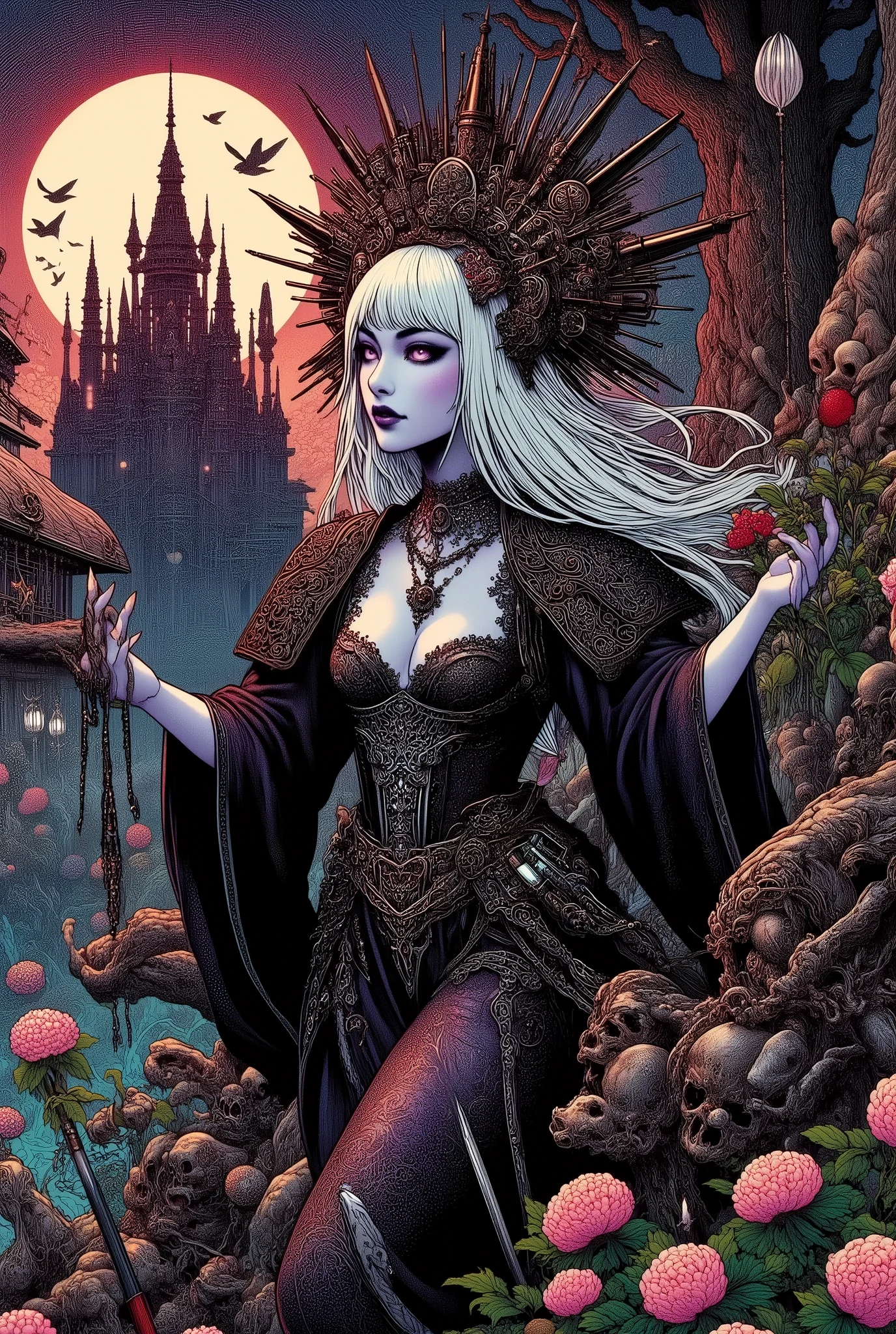 (Ultra-detailed face, Looking away, Fantasy Illustration with Gothic, Dark tone colors.), BREAK 
(This is the world of Castle Ravenloft, the massive gothic Dracula Castle perched atop Barovia's steep, piercing crag, an eerie vulture in the red, blood-colored moonlight that illuminates the night sky.), BREAK 
(A dark elf female vampire hunter is flying up the steep rocky hillside with her partner, a tall, slender, silver-haired werewolf.), BREAK 
(The young dark elf vampire hunter has white hair, white eyebrows, blunt bangs, well-cut shoulder-length hair, lavender eyes, small pink lips, dark purple skin, and dark, thick eyeliner.), BREAK 
(The dark elf female vampire hunter wears an obsidian choker and a lace-up dress of jet-black crow's-feather fabric with a 19th century English Victorian amethyst corset. She wears a blackcurrant sash around her waist and an old-fashioned dagger at her hip. She wears bare feet and shiny, jet-black pin heels.), BREAK 
(Her werewolf partner has a pale, glowing hieroglyphic tattoo over his body. He wears a 19th-century English Victorian steampunk-style legal gown with thin copper reliefs. The werewolf has glowing blue eyes, sharp fangs, and sharp hand claws at the ready.)