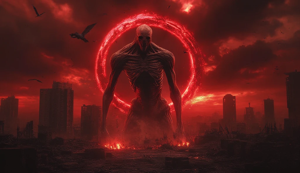 A nightmarish black skeleton emerges from a huge red portal in the sky. A crimson portal in the form of a circle above the city of skyscrapers. The hands are black. Crows are flying in the sky. A crimson sunset, scarlet clouds in a black sky. A bonfire is burning. the ruins of the city. The Gate to Hell