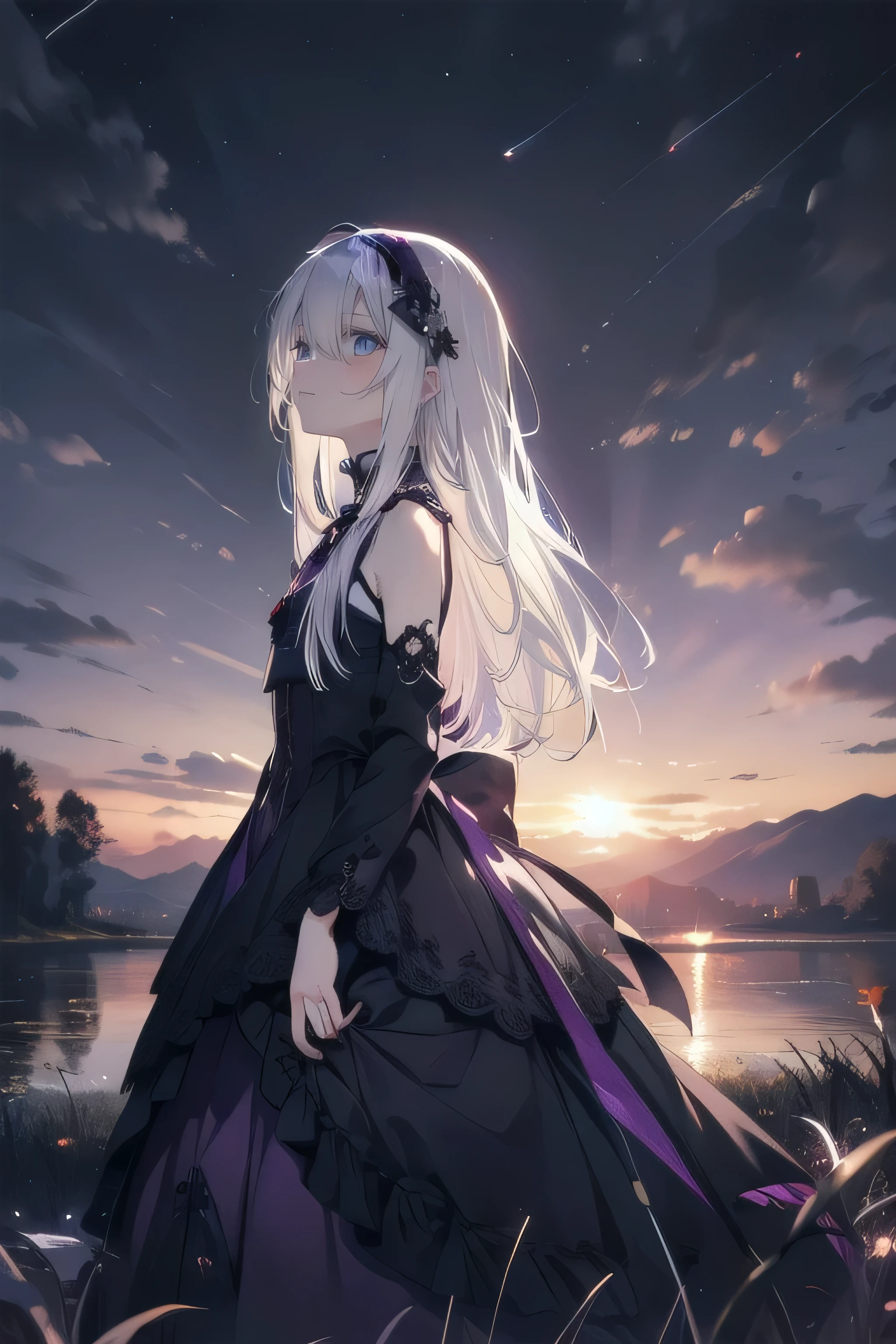 (masterpiece), (best quality), ultra detailed, finely detailed color, cenematic painting, bishoujo, ((one lady)), ager, cute face, ((white hair)), absurdly long hair, straight hair, ((dark violet eyes:1.5)), gothic dress, black dress, sleeveless, ((sunset)), ((looking up the sky)), ((sky background)), standing, faint smile, outdoor, reed field, slender body, small chest, profile