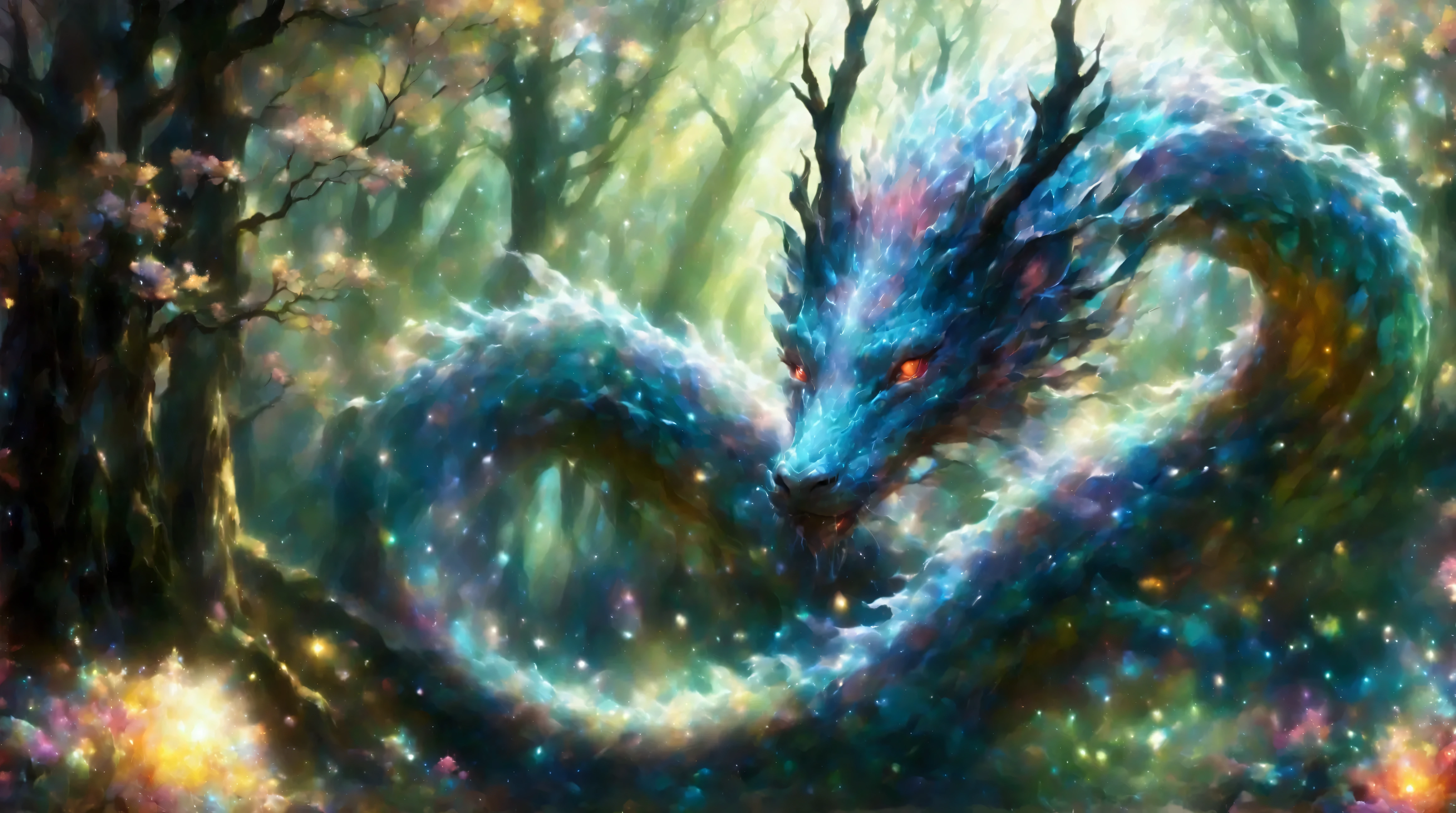  a fantastic dragon that flutters gracefully through the woods 。 has a long body covered in scales 、 reflects colorful light 。An old forest tree 々 bathed in the pale moonlight shining in from between 、 has a mysterious atmosphere 。 The eyes of an ancient dragon hide wisdom and elegance 、 and it's big enough to make the air tremble when you spread your wings {x}。 hold your underwear on your chest so you can see your whole body 、 with a beautiful waterfall flowing in the back 、 flowers that emit fantastic light in the surroundings 々or、 fog 。