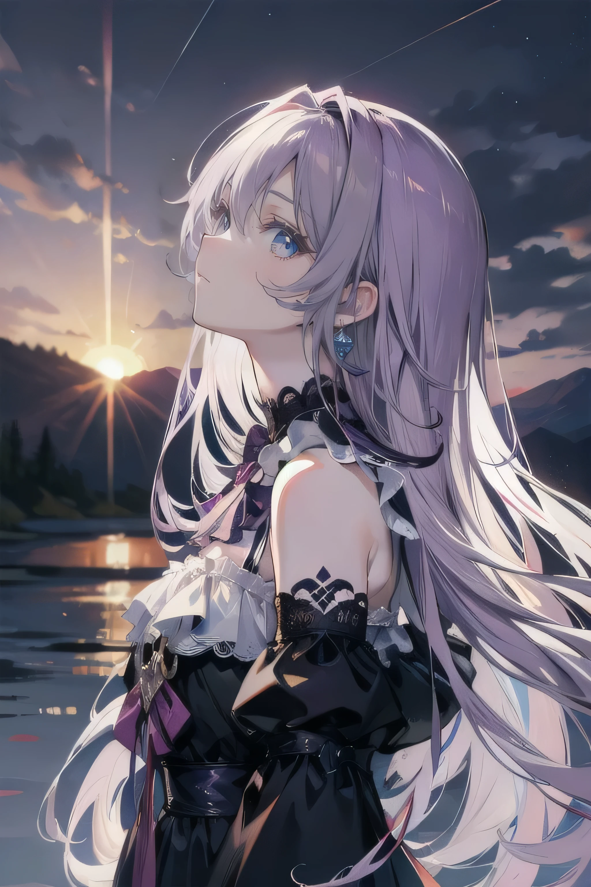 (masterpiece), (best quality), ultra detailed, finely detailed color, cenematic painting, bishoujo, ((one lady)), ager, cute face, ((white hair)), absurdly long hair, straight hair, ((dark violet eyes:1.5)), gothic dress, black dress, sleeveless, ((sunset)), ((looking up the sky)), ((sky background)), standing, faint smile, outdoor, reed field, slender body, small chest, profile