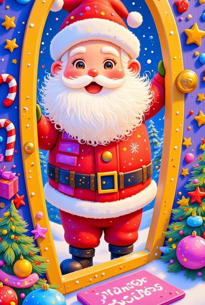 A cute Santa Claus peeking out of the door, in the style of Disney Pixar's cartoon style, 3D rendering, high resolution, high quality, high detail, very detailed, colorful background, red and white , cute eyes, happy expression, big smile, bright colors, bright lighting.
