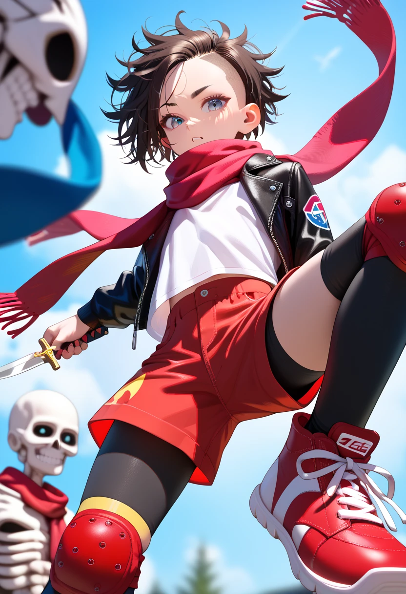 masterpiece, highest_quality, ultra_detailed, depth_of_field, 1boy_focus, boy is (japanese_femboy, (black_hair, messy_hair, crew_cut, forehead_bangs, black_slant_eyes, close_set_low_eyebrows, large_ears), flat_chest, (skeleton_mask:1.5, oversized_shirts, (wide_leg_shorts, leggings):1.5, leather_shoes, legace, knee_pad, scarf):1.5, fighting_pose), five_fingers, detailed_face, full_of_details, hold_cutlass, hold_dagger, dual_wielding