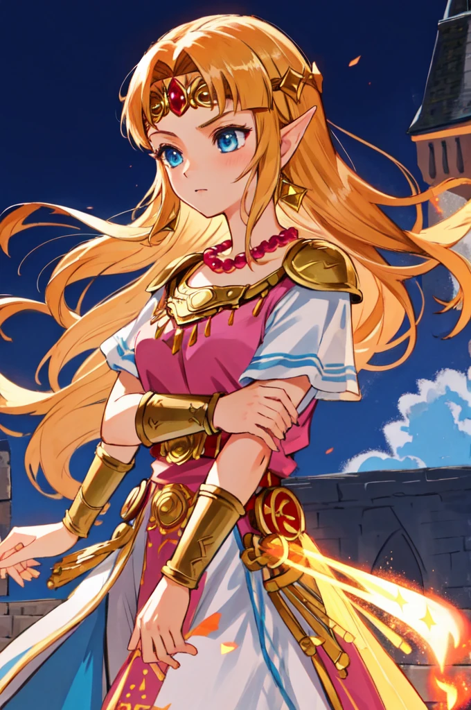 zelda-albw, 1girl, solo, castle background, upper body, serious, dress, tiara, jewelry, bead necklace, fire, magic