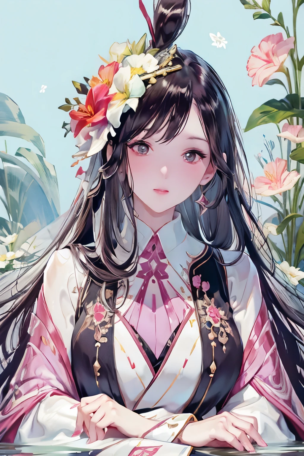  a woman， black wavy hair and pink eyes,  blush, Eyeshadow,  cute faces， long hair,Flowers in the hair ,  Ethereal Beauty , upper body close-up ，Look directly at the audience，Lying in the water((  Pretty fantasy queen  ))
