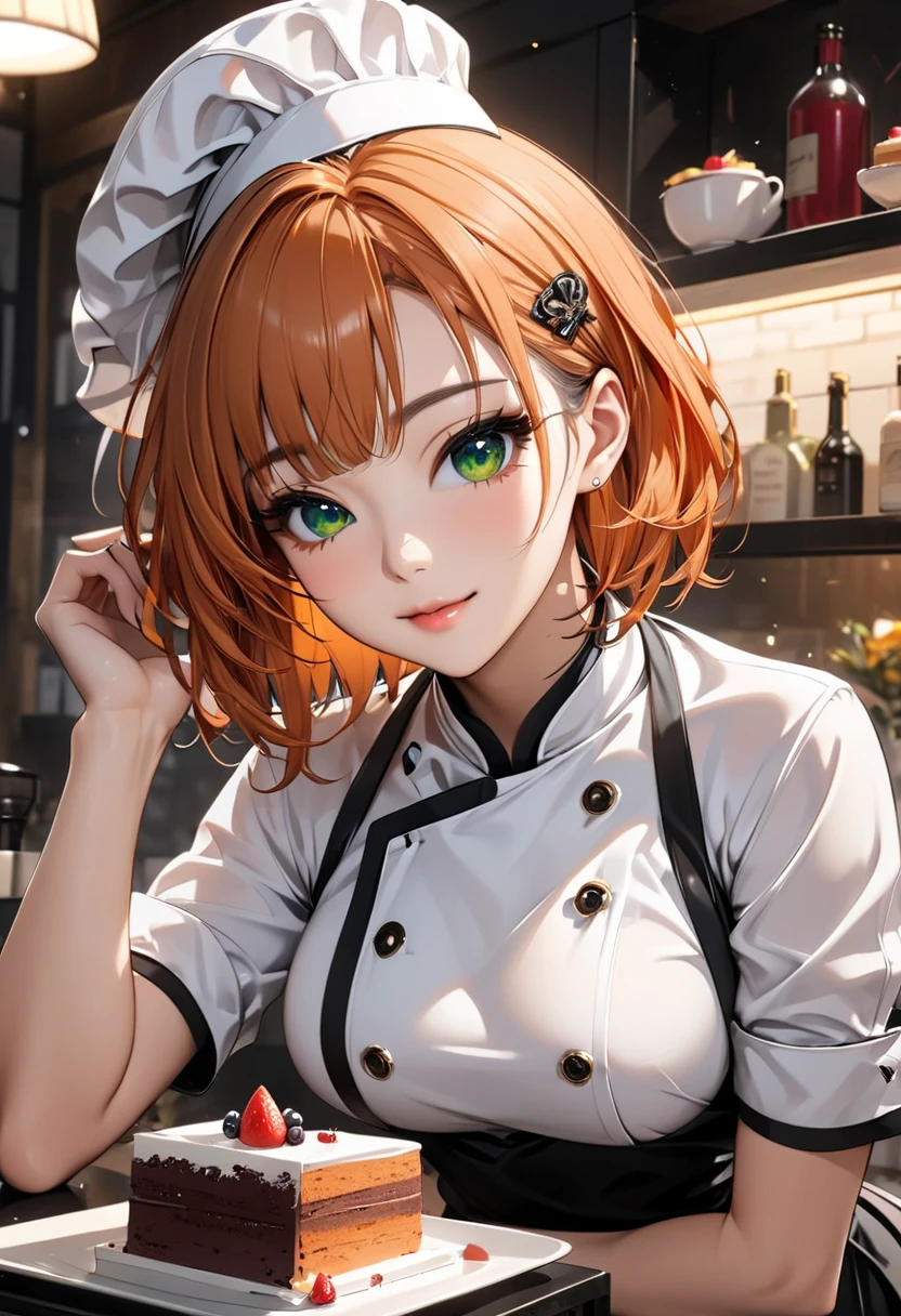  desktop ,  top quality, shape,  very detailed ,  exquisite,  high definition , beautiful girl, very beautiful detailed eyes and faces, 30 year old sexy korean woman(Composition from the top:1.3),soft lights,soft lighting,break,Pastry chef clothes ， orange hair, green eyes,Mr.々Expression，Lovely expression， short bob hair,Asymmetrical Hair, sexy pose to hide over there, cake shop --chaos 90 --ar 3:4 --sref 4220520078 --personalize dg2k8l2 --v 6.1