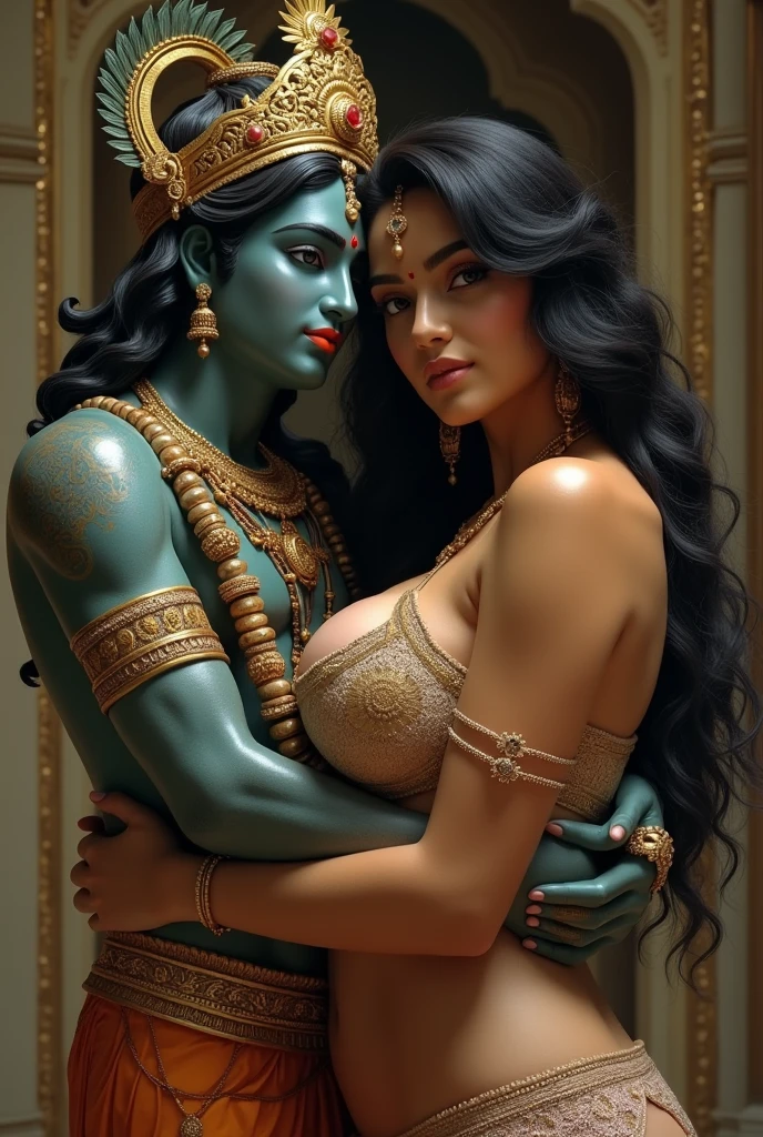 A couple in embrace, looking at each other, Man- Henry Cavill, handsome, long hair, a peacock feather in his hair on head, blue skin tone, robust, shirtless, wearing gold ornaments, wearing a blue silk dhoti, smiling, a large flute in his hand, woman - Sunny Leone, young, beautiful, large breasts, wearing white strapless bra and a blue sarong, wearing gold ornaments, bindi, bangles, waist chain, braided hair, upper body, closeup, smiling, in a forest