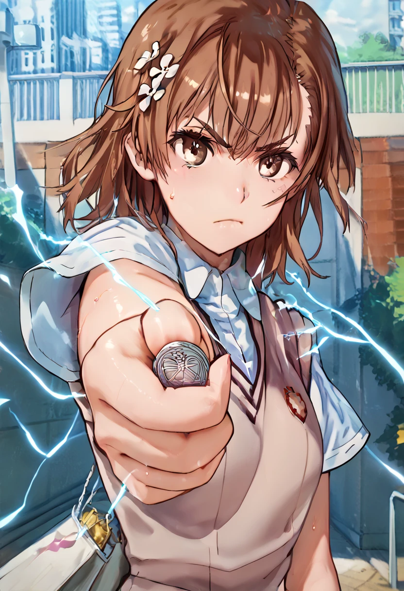 misaka mikoto,1girl,solo,tokiwadai school uniform,sweater vest,school uniform,hair ornament,short hair,hair flower, upper body,shirt,flower,perfect hands, perfect finger,perfect anatomy, masterpiece, best quality,realistic, hyperrealistic, 16k hdr,1 mature female,outdoor,high school,sweat,coin, holding coin, facing viewer, looking at the viewer, electricity, electrokinesis,(serious,angry)