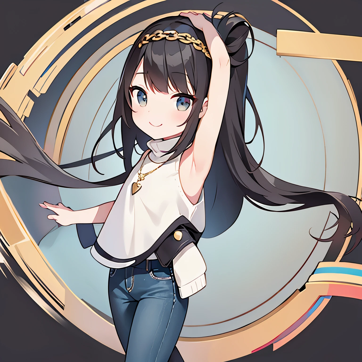  super high resolution, snort,  Best Aesthetics , forehead、 Bangs in the middle、 Feet High Quality , Open your arms, Small character Detective Keira Rexanne Giles,  She has long black hair in the middle,  gray eyes , Smile, Wave,  white background ,  Her Grey Jeans , Black Sleeveless Turtleneck Tee 、 Flat Avatar ,  Cute Girl Anime Vision , Lovely art style, Small,  anime style,  long hair, laughter, Hair accessories, Simple background, Gold Chain Necklace ,  Black Sleeveless Turtleneck Sweater , Side lock,  Big Oval Eyes , black denim 、 I Can See Your Forehead 、White Platform Sandals 
