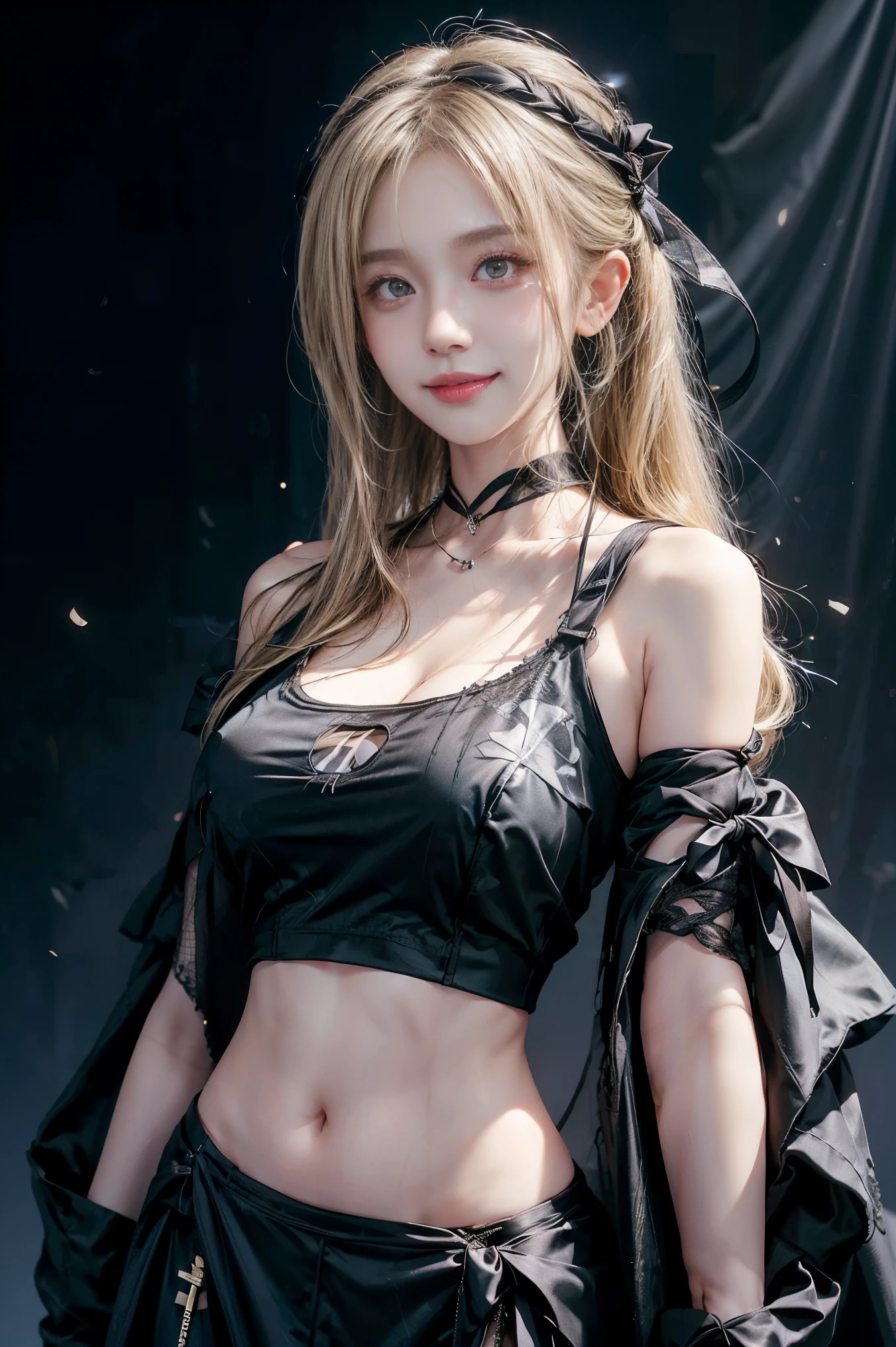 Japanese、Model、Big Breasts、Blonde、 long hair、black t-shirt with mesh pattern、ribbon、 shows shoulders、 cleavage visible、 belly button visible 、 spotlights、 dark background 、smile