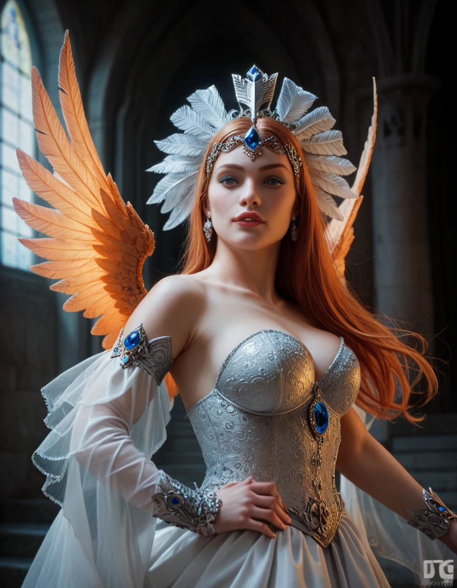 A breathtaking portrayal of the Sorceress from the Castle of Grayskull, as seen in the He-Man series. She has her iconic falcon headdress with intricate orange and white feather patterns, a flowing white dress with orange and blue accents, and majestic wings spread wide. Her expression is wise and serene, emanating her role as a powerful protector of ancient magic. The Castle of Grayskull looms in the background, its skull-shaped facade illuminated by eerie green light, with magical energy swirling around. The scene is vibrant and dramatic, with cinematic lighting and fine details capturing the essence of classic 80s fantasy art.