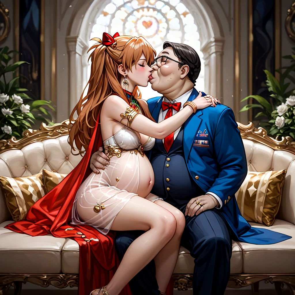 (Best quality), (detailed), (high res, 4k), prince feeding and touching chubby queen lady, queen, brown curly hair, tan skin, big booty, wide hips, ((1800s)), ((royal)), ((19th century britain)), gigantic belly, taking off cleavage, showing tits, taking off bra, super sexual pose, moaning, relationship of prince and queen, arm reaching for stomach, prince touching belly, sexual pose, seduction, sexy posing