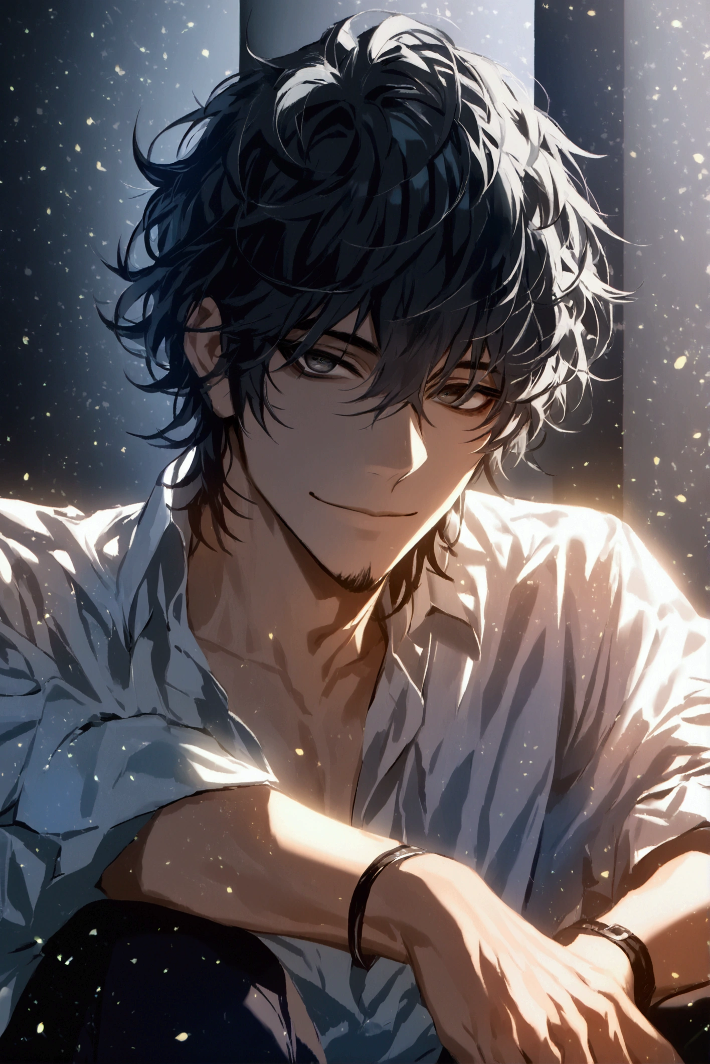 (solo), (1 male), (1 man), (chibi),handsome men, (one man with black hair with gray inner hair color, black eyes), long hair, messy hair,smile,((masterpiece)), (dark background: 1.3), (stylish), dynamic angle, (detailed face, detailed eyes, proportional hands, proportional anatomy), sitting in a relaxed pose, sinister atmosphere,young, a nihilistic smile