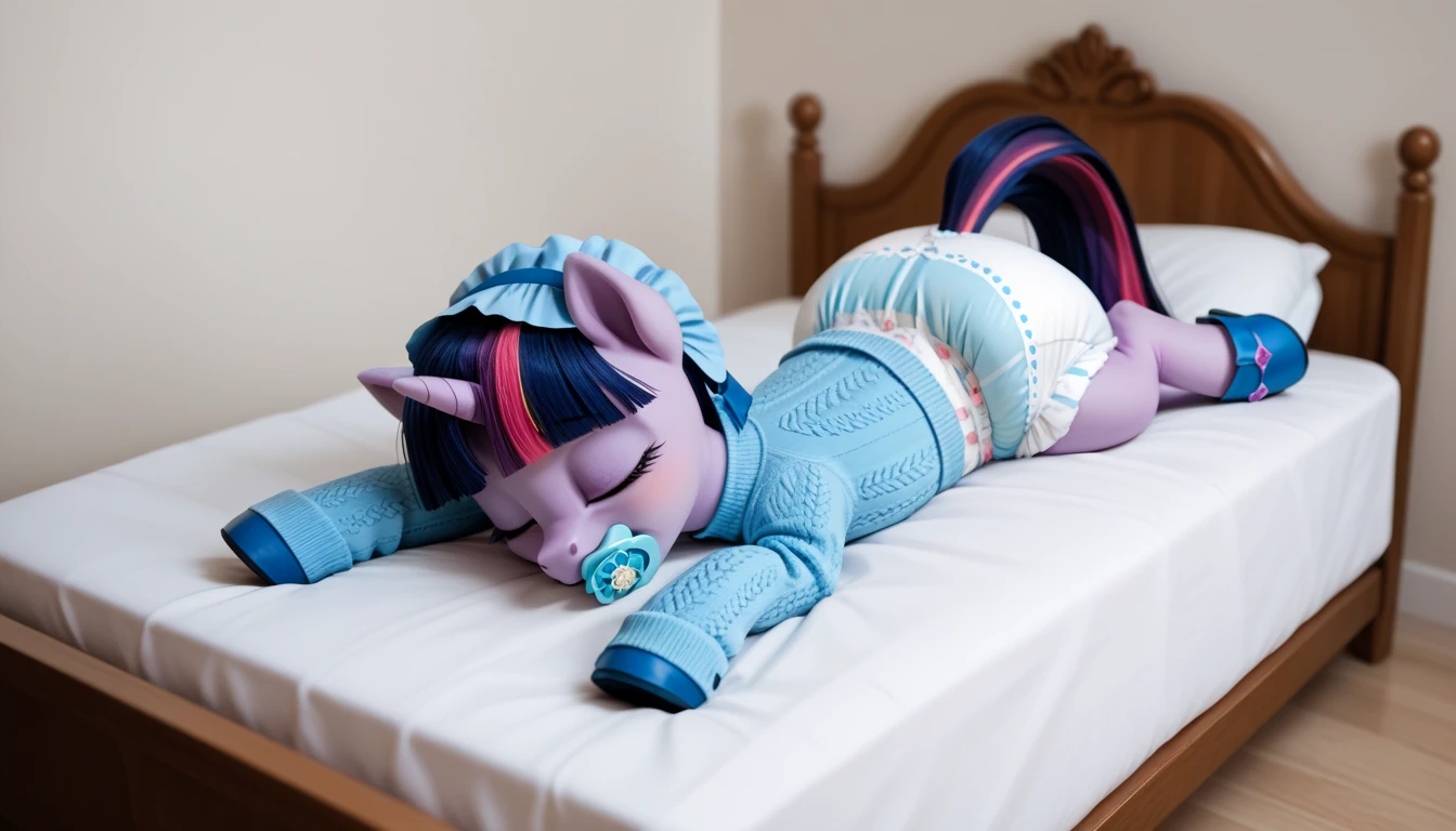 pony unicorn alone ,  Twilight Sparkle, filly , the mane is assembled in a blue bonnet ,  dark blue tail with a purple strand and a pink strand,  closed eyes, sleeping while lying in bed, dressed in a blue sweater and blue booties , blue pacifier in mouth, solo, thick diaper under clothes. 