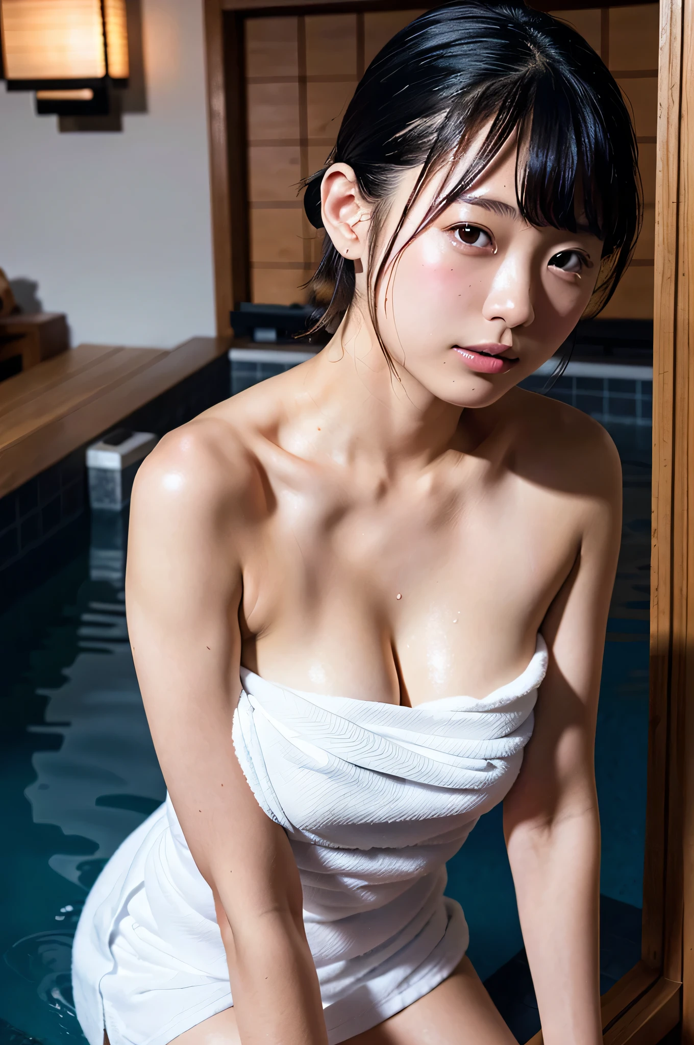 A girl wrapped in a white towel at a ryokan hot spring, strapless,18 years old,bangs, cleavage, Little Smiles ,Thighs,share,Knee, Shortcut Hair , low ponytail,Wet hair and wet body,from below