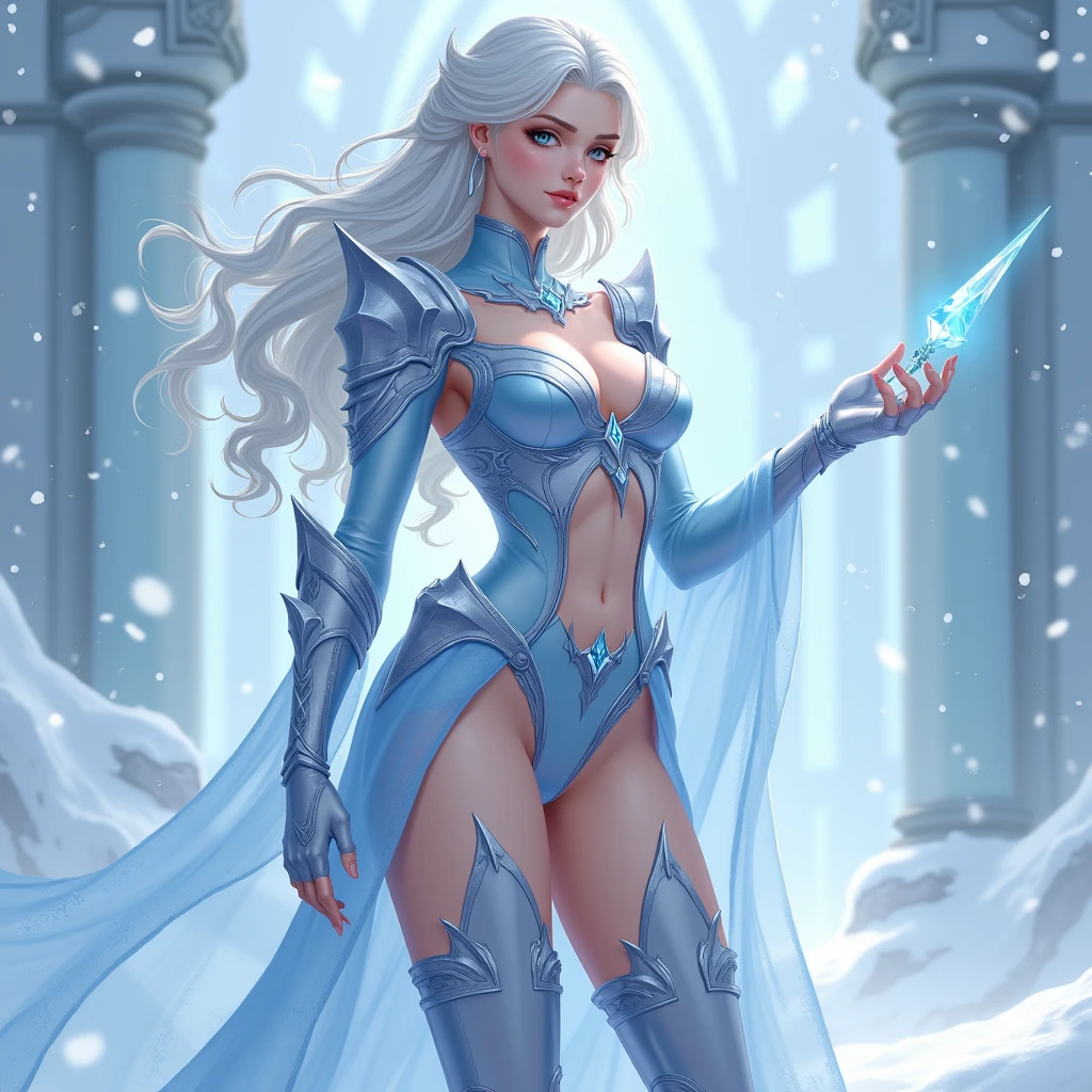 Skin tight frost wizard robes, huge breast, cleavage, 22 year old blonde girl, tiny waist, long legs, icy blue glowing staff (torn shirt: 0.5) (open shirt: 0.2), beautiful detailed face, detailed lips, detailed long nipples
