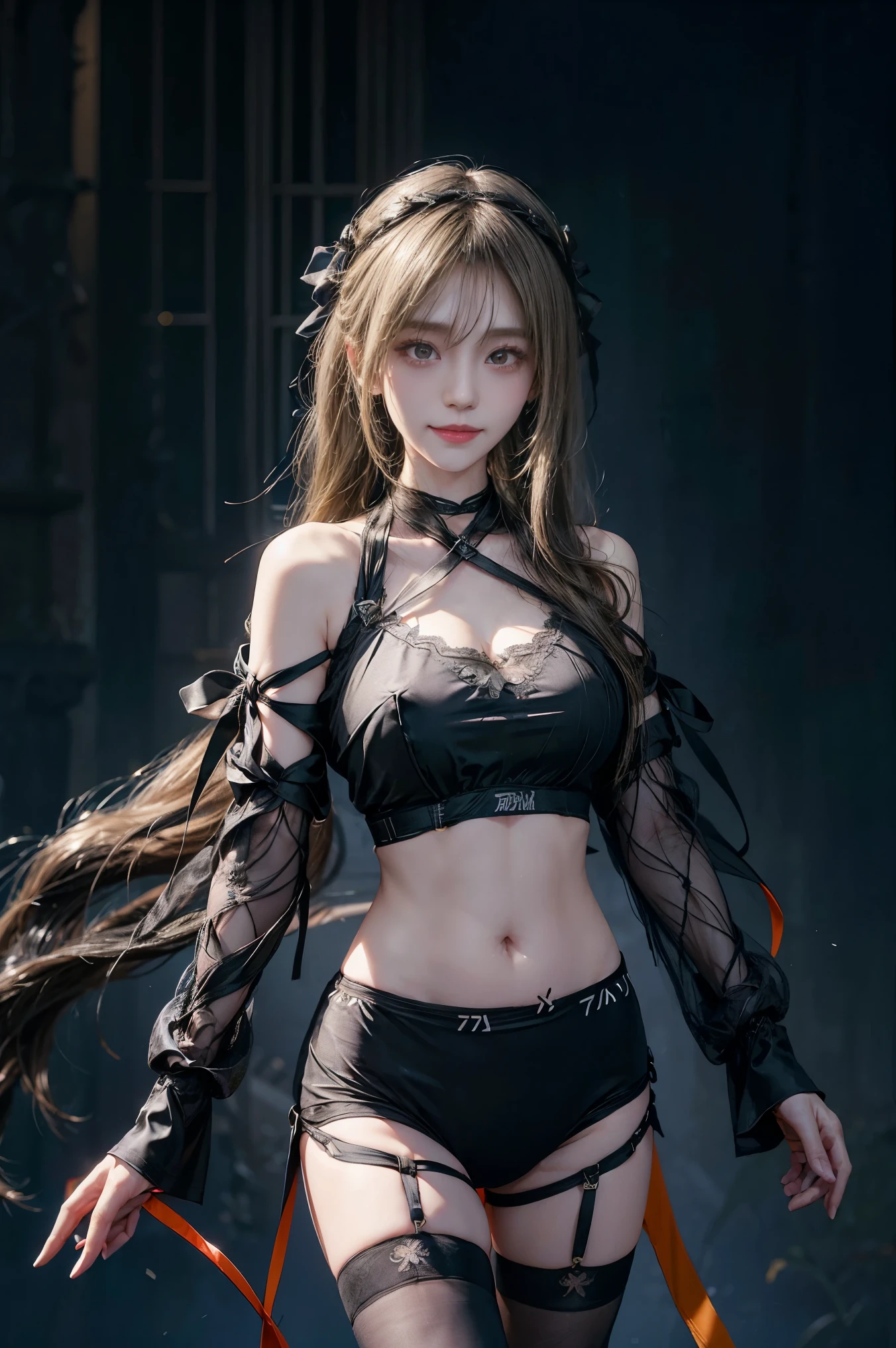  Japanese、Model、Big Breasts、Blonde、 long hair、black t-shirt with mesh pattern、tracery tights、ribbon、 shows shoulders、 cleavage visible、 belly button visible 、 spotlights、 dark background 、smile