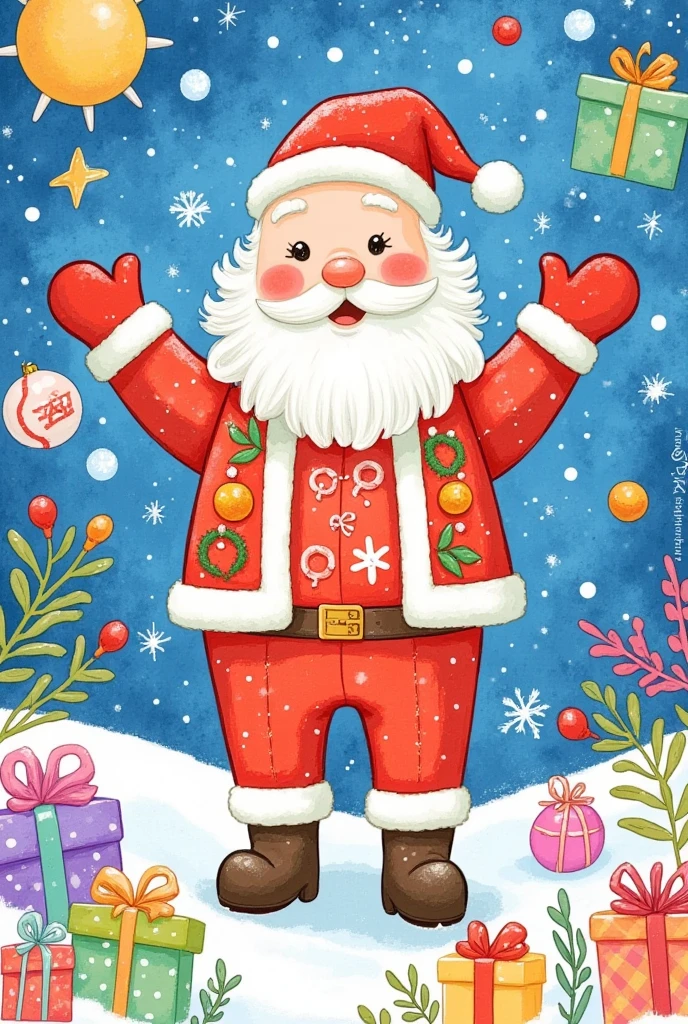  a lovely Santa, decorated with Christmas elements ,Surrounded by snow,Colorful shapes ,  blue background,MBE illustration ,  Thick Line,Bright color scheme,Sharpie illustration