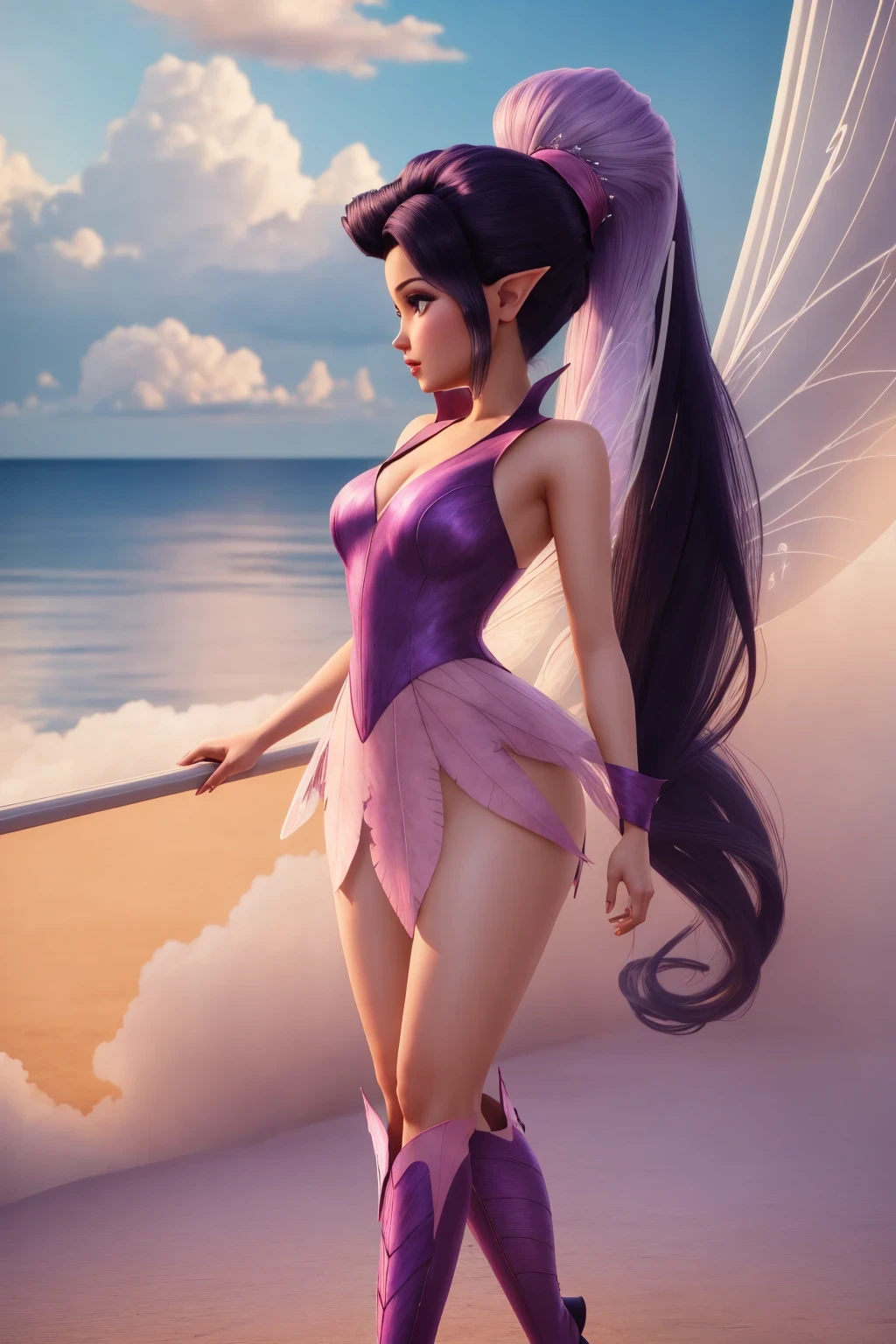 masterpiece, 8k, perfect ligthing, , adult, female, looking at viewer, cinematic lighting, full body shot,  Vidia, (VidiaWaifu:1.1), single ponytail, extra long ponytail, dress, (extra long white fairy wings), long wings, purple clothes, clothes made from leaves, dark hair, pointy ears, shrunken, (flying in sky), in the sky, clouds, blush, pixiedust , (RSEEmma:1.2) , 