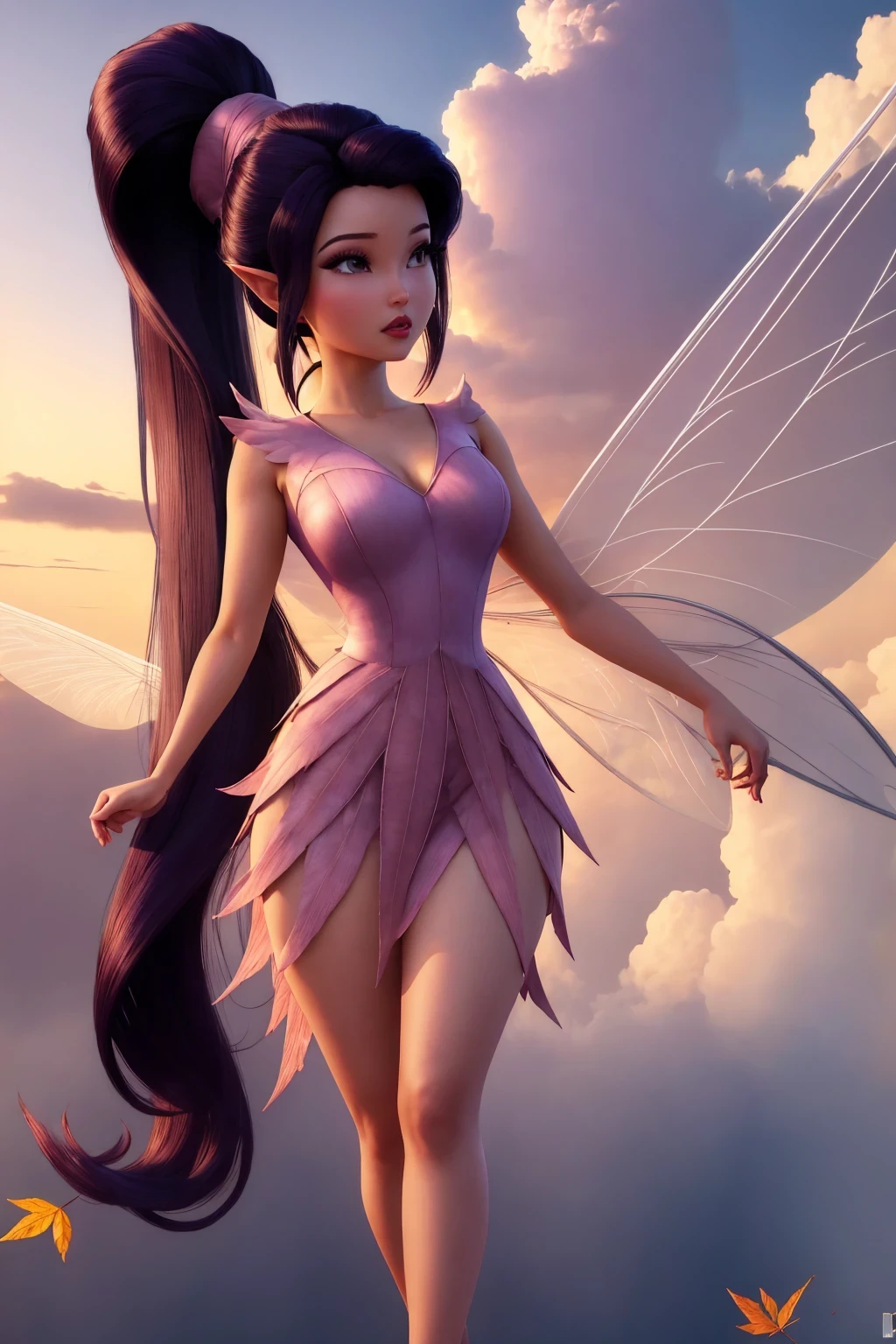 masterpiece, 8k, perfect ligthing, , adult, female, looking at viewer, cinematic lighting, full body shot,  Vidia, (VidiaWaifu:1.1), single ponytail, extra long ponytail, dress, (extra long white fairy wings), long wings, purple clothes, clothes made from leaves, dark hair, pointy ears, shrunken, (flying in sky), in the sky, clouds, blush, pixiedust , (RSEEmma:1.2) , 