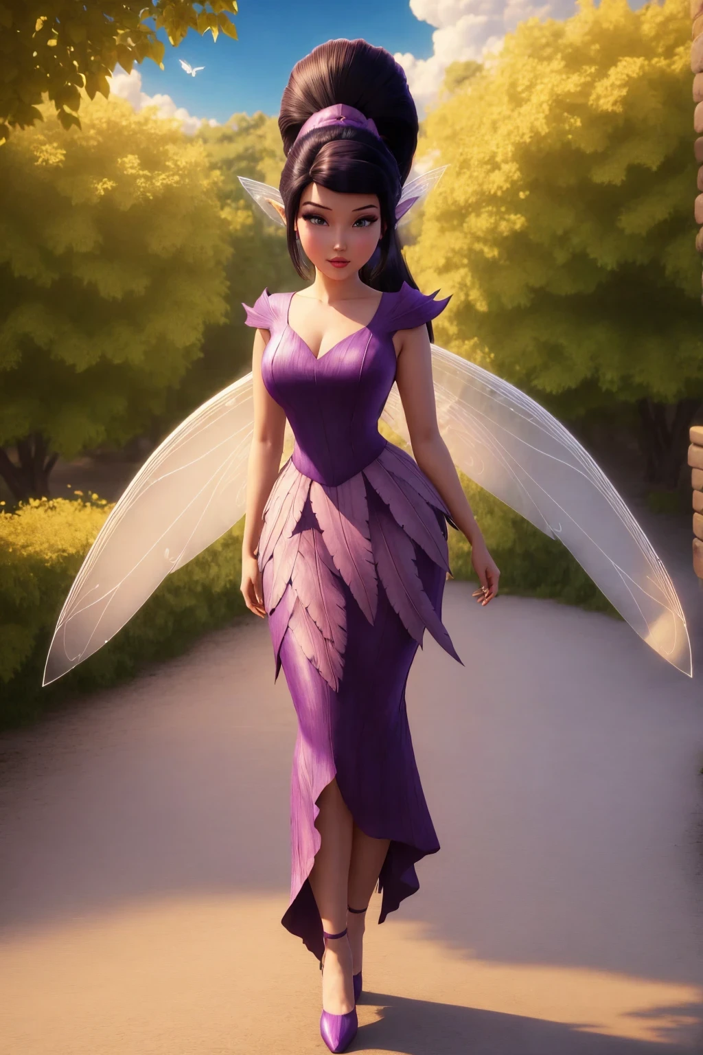 masterpiece, 8k, perfect ligthing, , adult, female, looking at viewer, cinematic lighting, full body shot,  Vidia, (VidiaWaifu:1.1), single ponytail, extra long ponytail, dress, (extra long white fairy wings), long wings, purple clothes, clothes made from leaves, dark hair, pointy ears, shrunken, (flying in sky), in the sky, clouds, blush, pixiedust , (RSEEmma:1.2) , 