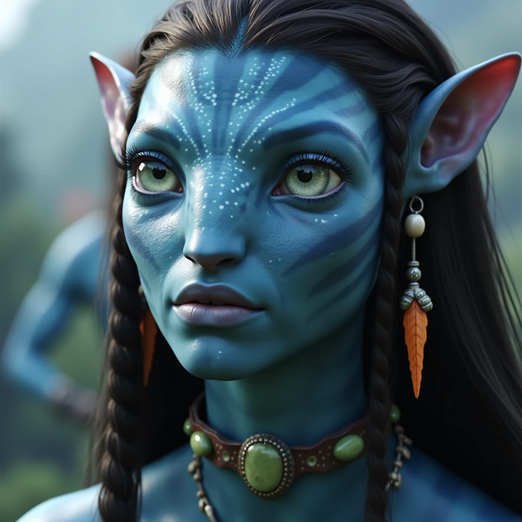 na'vi, na'vi race, avatar, pale teal blue skin, dark brown hair, blue eyes, straight brown hair with bangs, long straight bangs