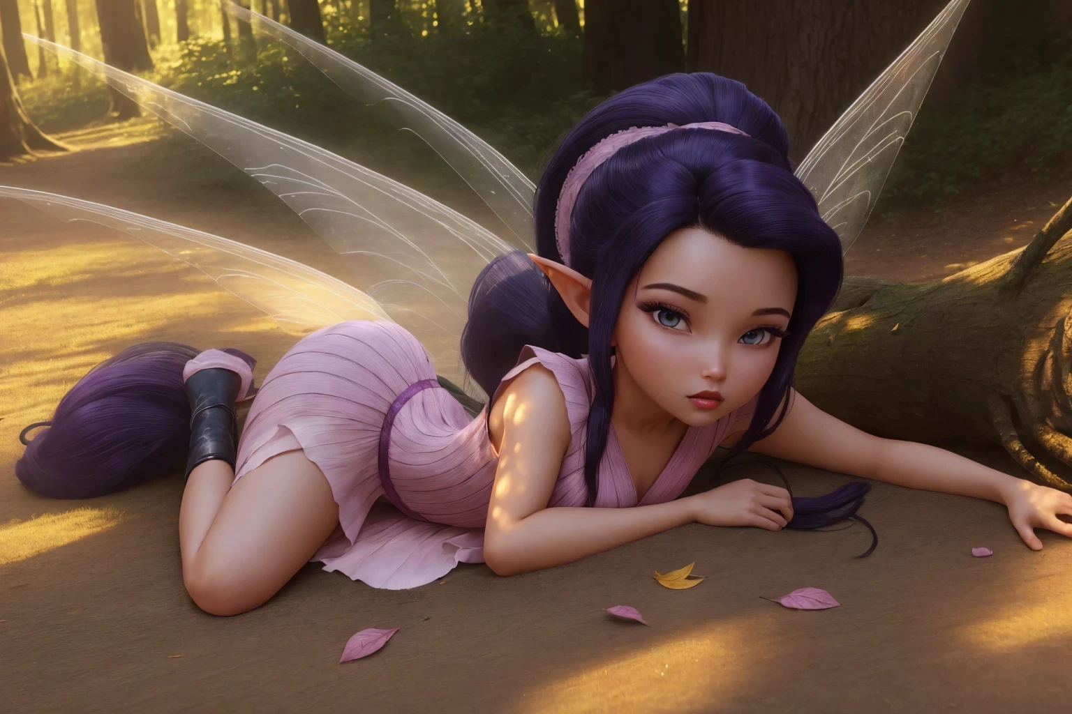 masterpiece, 8k, perfect ligthing, , adult, female, looking at viewer, cinematic lighting, full body shot,  Vidia, (VidiaWaifu:1.1), single ponytail, extra long ponytail, dress, tight jumpsuit, (extra long white fairy wings), ((two long wings)), purple clothes, clothes made from leaves, (grey eyes), dark hair, pointy ears, feet, straight armes, shrunken, (lying on the ground), ((inside treetrunk)), blush, pixiedust,  