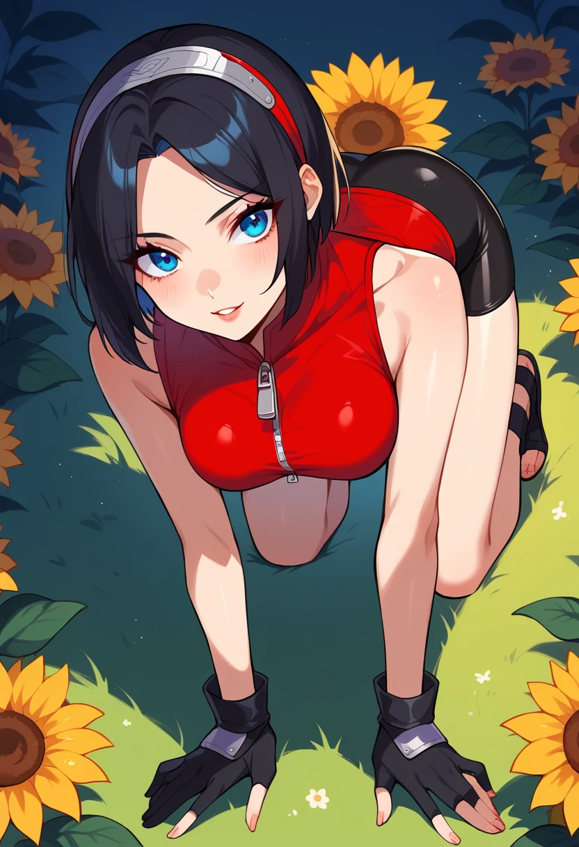 sunflower uzumaki, sexy,  on all fours,  medium breasts,  short hair,  blue eyes ,  black hair, parted bangs,  hair band,  front protector , Gloves,  blue eyes , sleeveless, black Gloves, low-cut red shirt,  open zipper , ,  bike shorts, cremallera, toeless shoes, , delgado. sexy,  on all fours on her elbows.