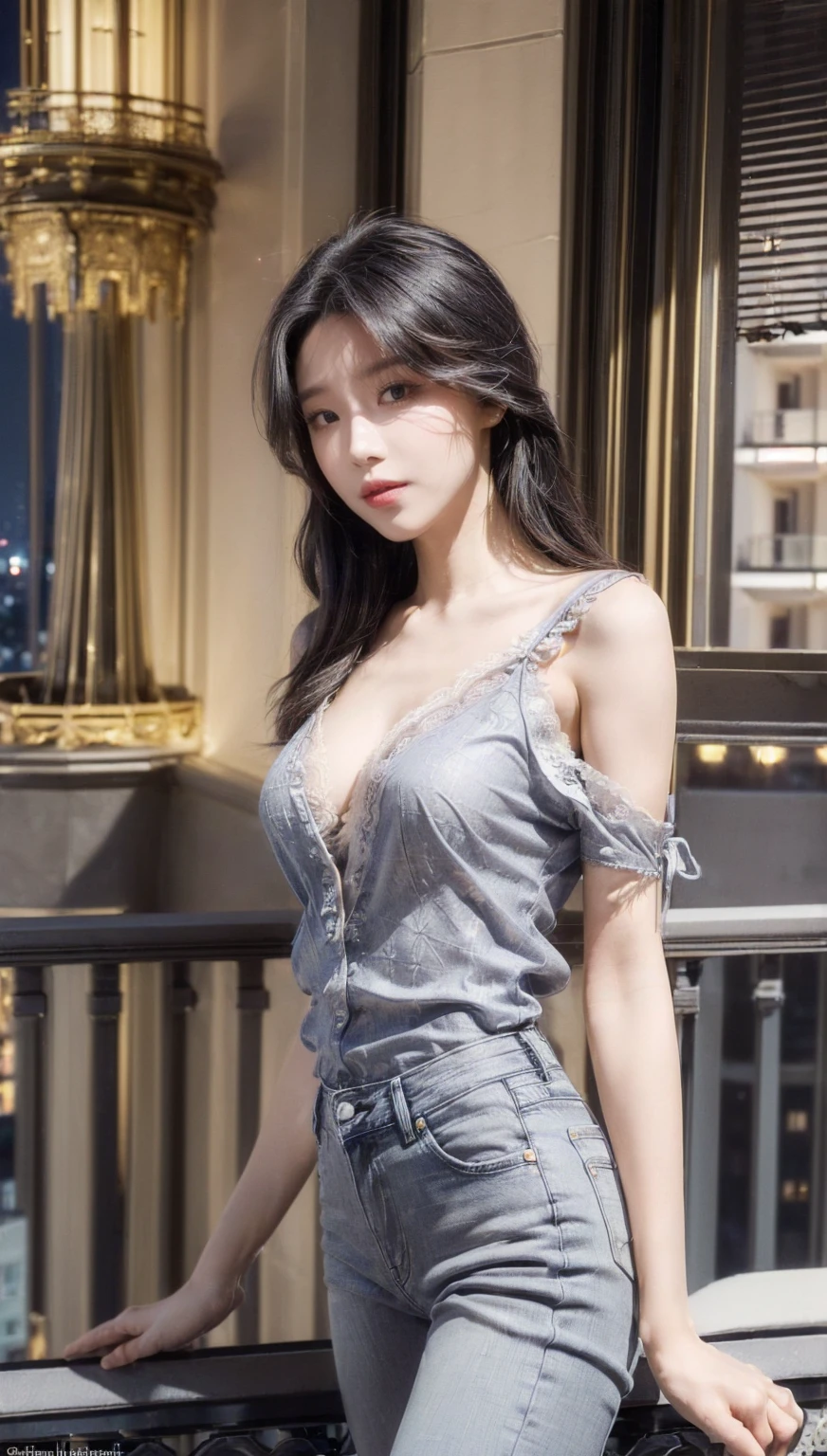26 year old white woman、Hair is brunette、Eye color is blue、Longhaire、Slender but well-proportioned muscular body、She is wearing a frilly one-shoulder top.、wearing skinny jeans、wearing a rosary necklace、accessories on the wrist、setting hair、a smile、I have a clutch bag、I am in front of a wall with wall art written on it.、My nipples are erect and my chest is pounding