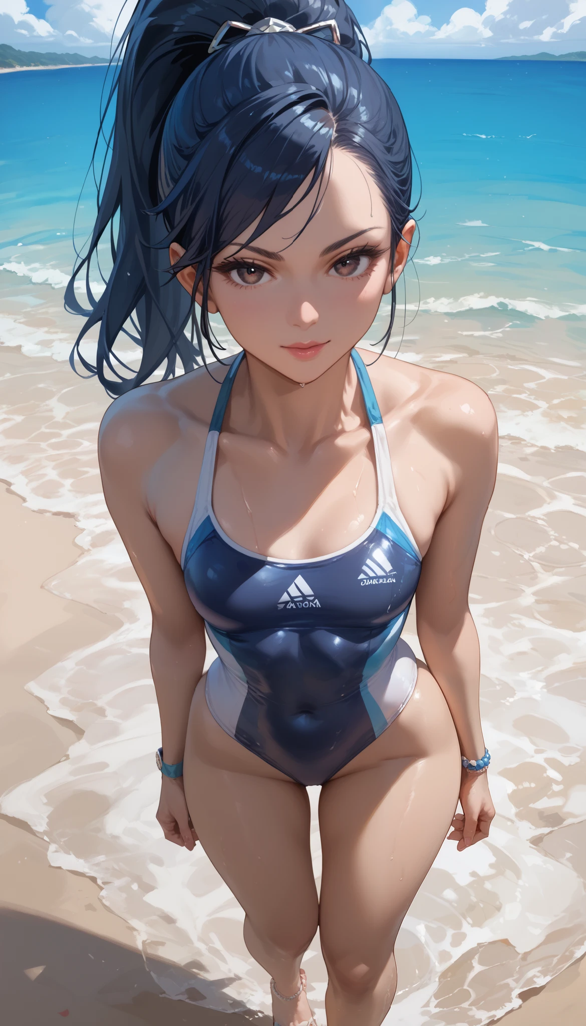 adult женщина 20 лет, point of view shot, full frame POV ,  dark blue hair , ponytail hairstyle,,  in a swimsuit on the beach , dark eyes, adult, ,  full length,  girl with small breasts 