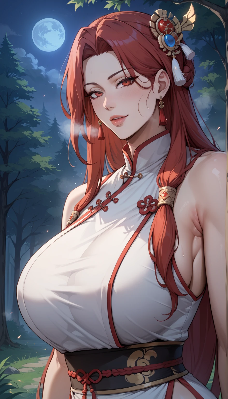 ((masterpiece)), Highest quality, Very detailed, master piece, best quality, score_9, score_8_up, score_7_up, score_6_up, source_anime, rating_explicit, 1girl, (solo:1.1), huge breasts, long hair, red hair, red eyes, nsfw, seductive look, Narrow shoulders, heavy breathing, steaming body, night, forest, outdoors, looking at viewer, nsfw, wearing ancient Chinese clothes, wuxia world theam, jewellery, accessories, hair ornaments, revealing dress, upper body, potrait , slight nipple bump under clothes,