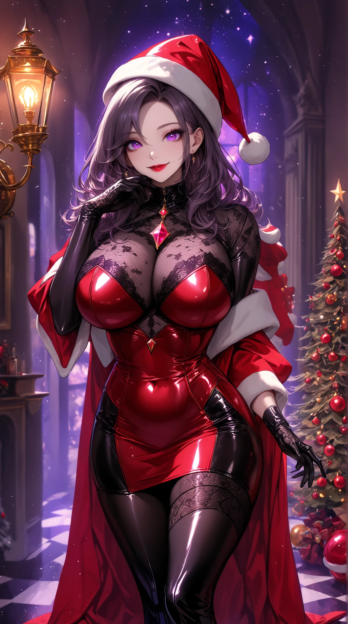  1 mature bewitching woman ,(masterpiece, top quality, very detailed depiction, Incredibly Absurd High Definition ,Curvaceous Body),(Bewitching Queen ),(red latex Santa Claus costume, red pencil skirt , Body Stocking,Santa hat,black lace gloves, luxury accessories ,A mysteriously shining jewel, black tights, high heels, thigh high boots ),(Purple Eyes, Half Closed Eyes , are opening their mouths, bewitching smile, Glossy Lipstick,Beautiful legs, healthy legs,Seductive gestures), standing:1.3, full body image :1.3,Lamplight