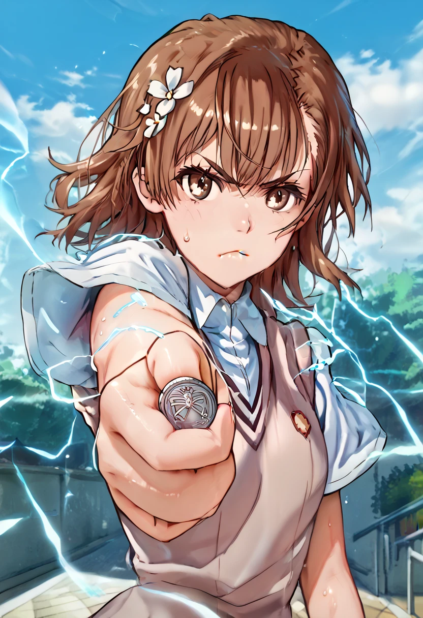 misaka mikoto,1girl,solo,tokiwadai school uniform,sweater vest,school uniform,hair ornament,short hair,hair flower, upper body,shirt,flower,perfect hands, perfect finger,perfect anatomy, masterpiece, best quality,realistic, hyperrealistic, 16k hdr,1 mature female,outdoor,high school,sweat,coin, holding coin, facing viewer, looking at the viewer, electricity, electrokinesis,(serious,angry:1.2),(strong wind:1.3)