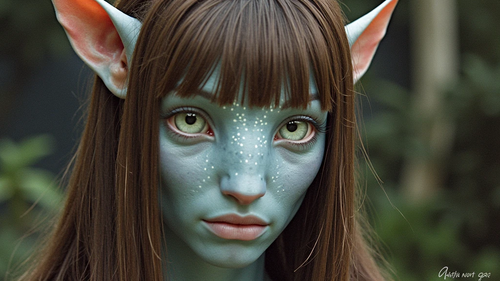 na'vi, na'vi race, avatar, pale teal blue skin, dark brown hair, blue eyes, straight brown hair with bangs, long bangs