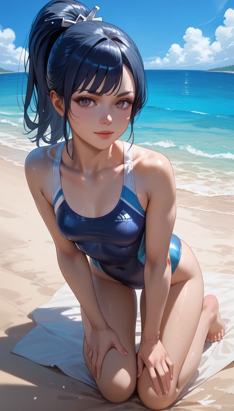 adult женщина 20 лет, point of view shot, full frame POV ,  dark blue hair , ponytail hairstyle,,  in a swimsuit on the beach , dark eyes, adult, ,  full length,  girl with small breasts 