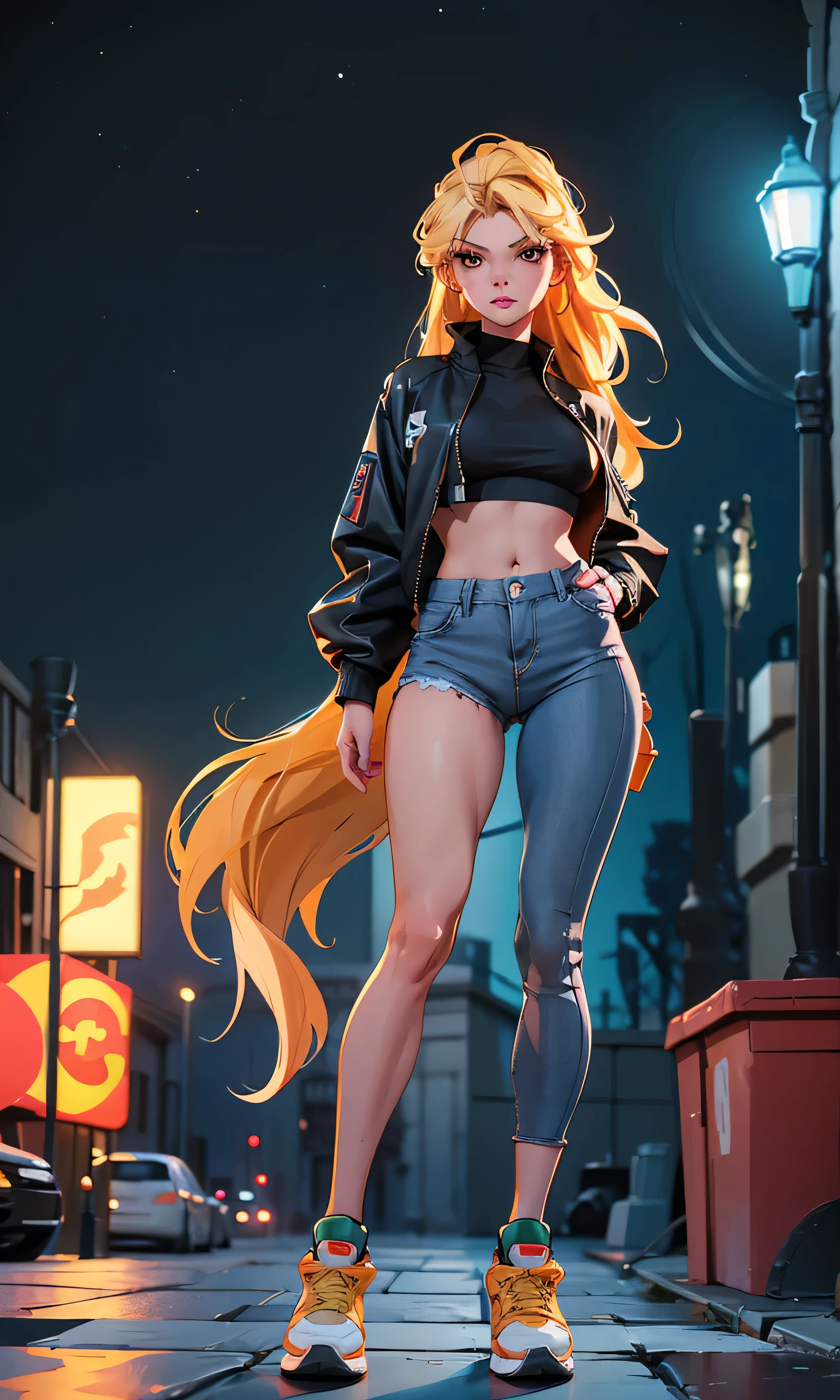 Masterpiece, 1 girl, beautiful, slim, head on, watching the spectator, long hair , blond hair , brown eyes, arched eyebrows , full body , pretty legs, abdomen plano, Kpop outfit , top corto color azul, pantalón cropped color negro, sports shoes , (((desnuda))), on the street, dark sky, Danger Zone ,