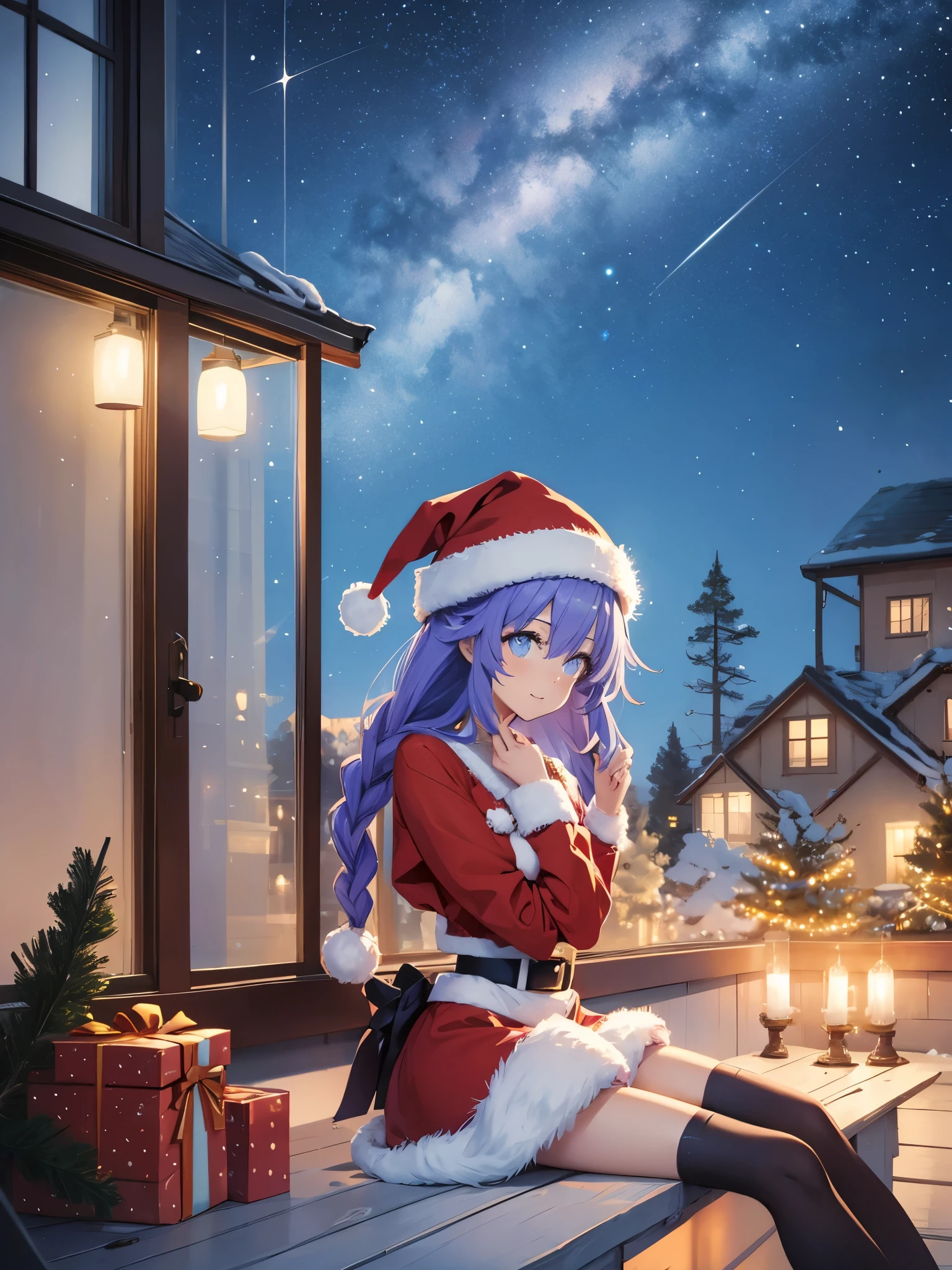 wearing Santa hats, sitting on windowsill beside Christmas tree, Christmas night, starry sky, shooting star, cozy atmosphere, warm lighting, digital illustration