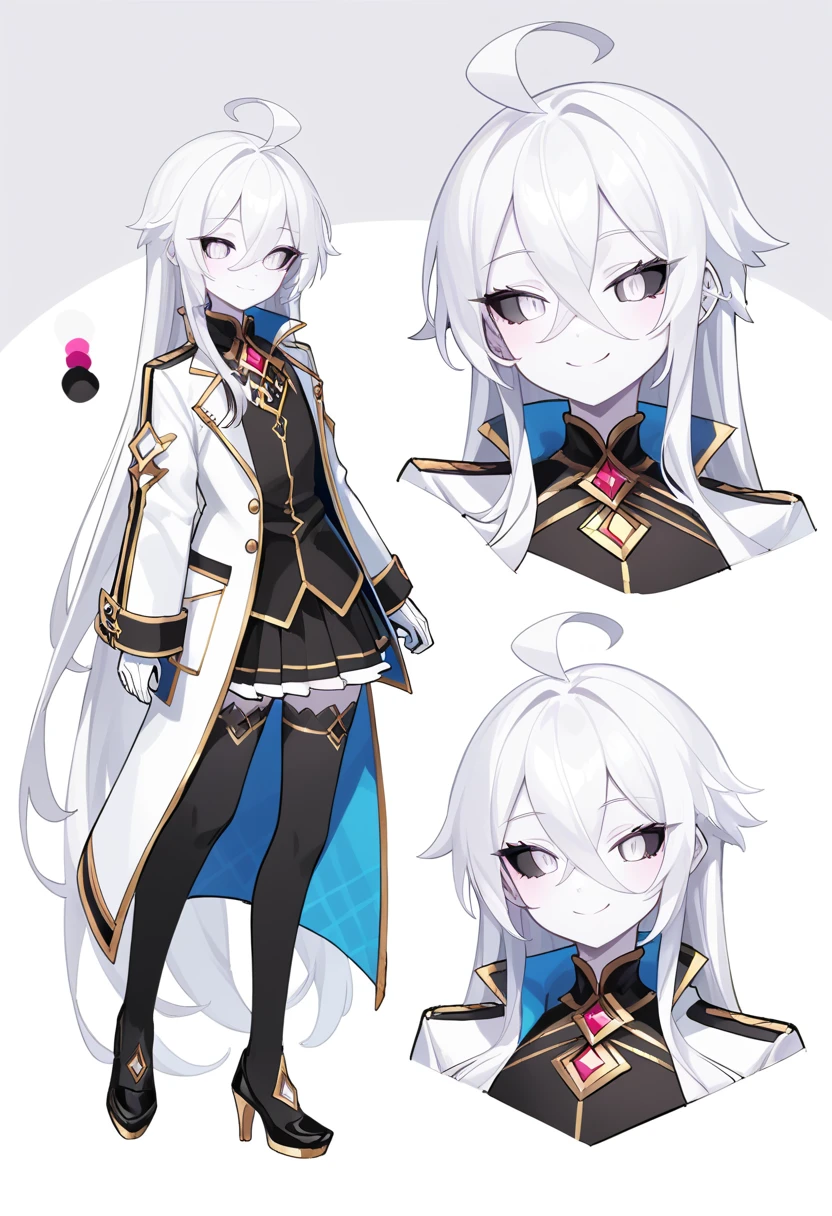 ((masterpiece)),(((best quality))),(character design sheet, same character, front, side, back), illustration, male,  big chest, feminine, white skin, white eyes, black sclera, ahoge, absurdly long hair, white hair, white gloves, hair over eyes, hair between eyes, (white jacket:1.1), Electric, energetic, mystical, playful, cute, dangerous, godlike, cute, concept art，character concept art，character sketch，Reference table，character sheet, like enitity, cute, cuddly, , small, powerful, smug, ((enigma)), confusing, eccentric, chaotic,  fansty, traveler, adventurer. nfsw.