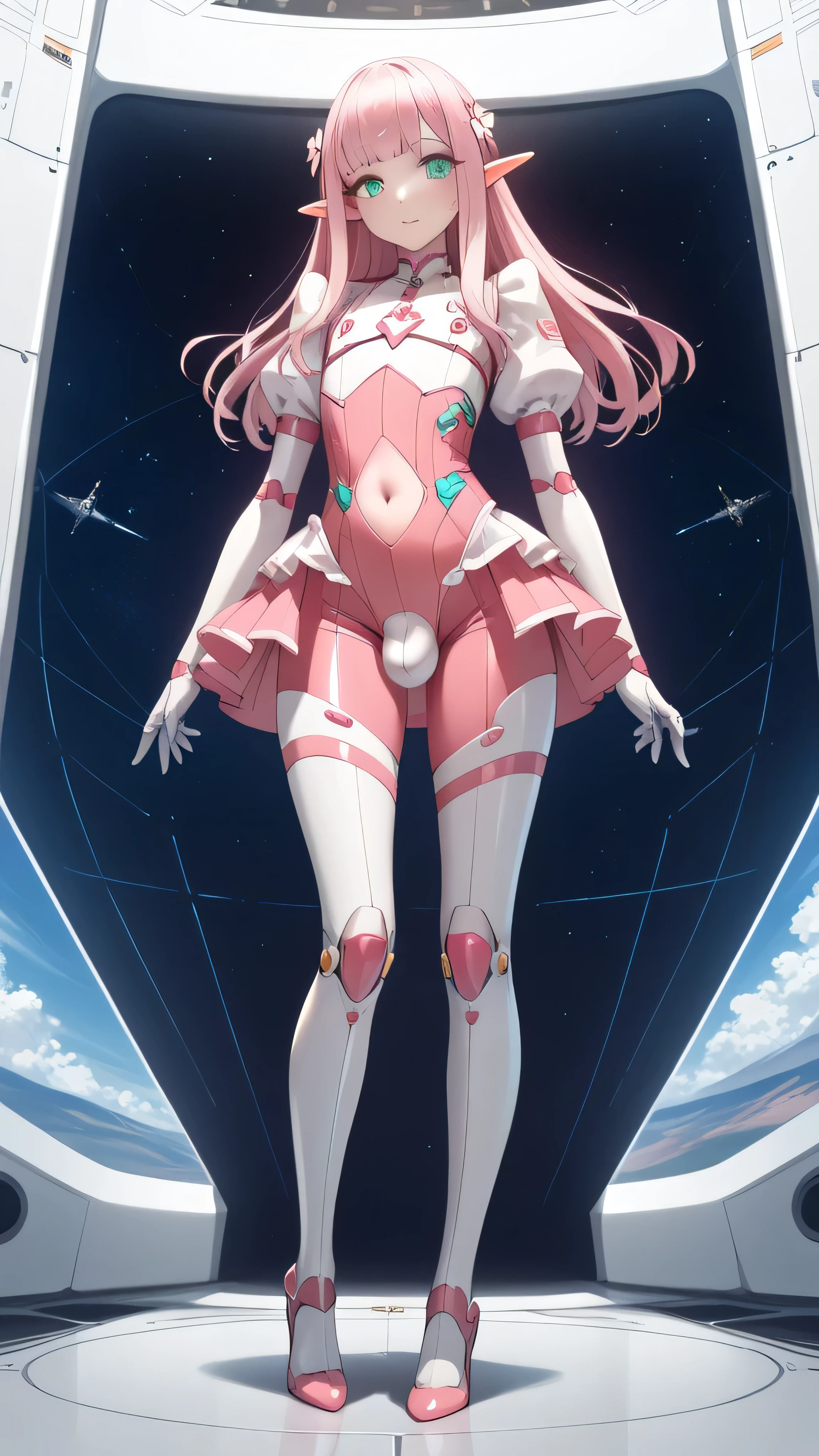 best quality, masterpiece, anime, spacecraft_interior(((hangar))), elf, 1 boy, 20yeas old, otoko no ko, pink_hair, light pink long hair, turquoise_eyes, girly, curvy, skinny, crossdressing, pink pilotsuit, navel cutout, focus navel bulge, a giant robot in background, looking at viewer, fullbody, non censored