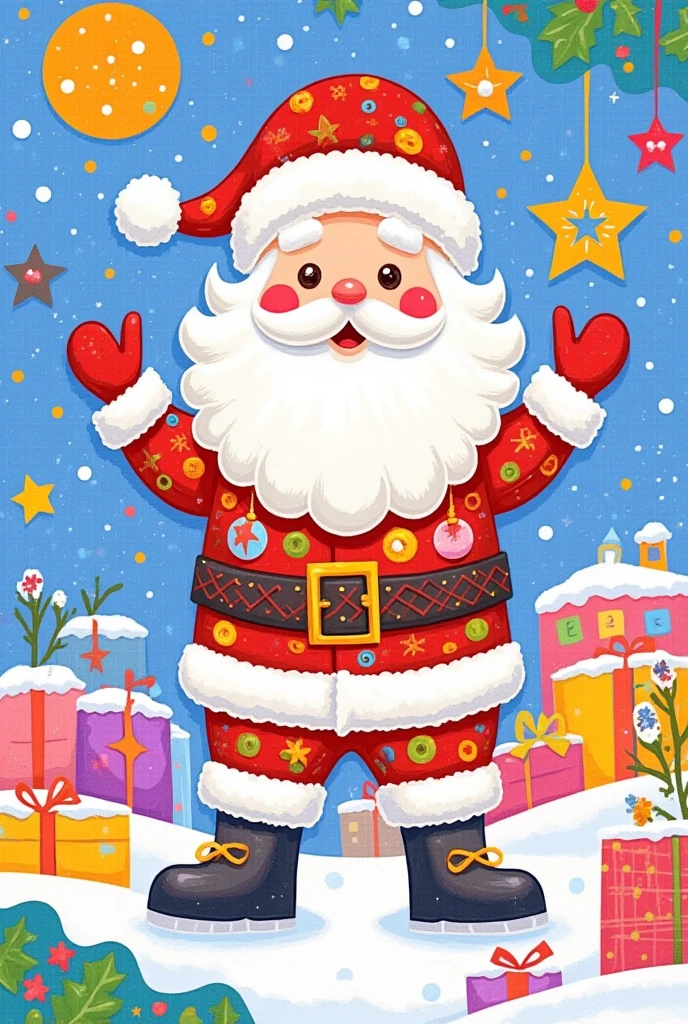  a lovely Santa, decorated with Christmas elements ,Surrounded by snow,Colorful shapes ,  blue background,MBE illustration ,  Thick Line,Bright color scheme,Sharpie illustration